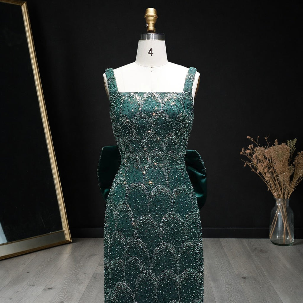 Emerald Green Square Neck Sheath Evening Dress with Bow Train YL131