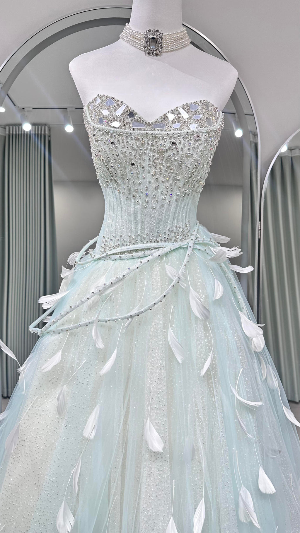 Mint Green Ball Gown Prom Dress with Detachable Sleeves and Lace-Up Back SL208