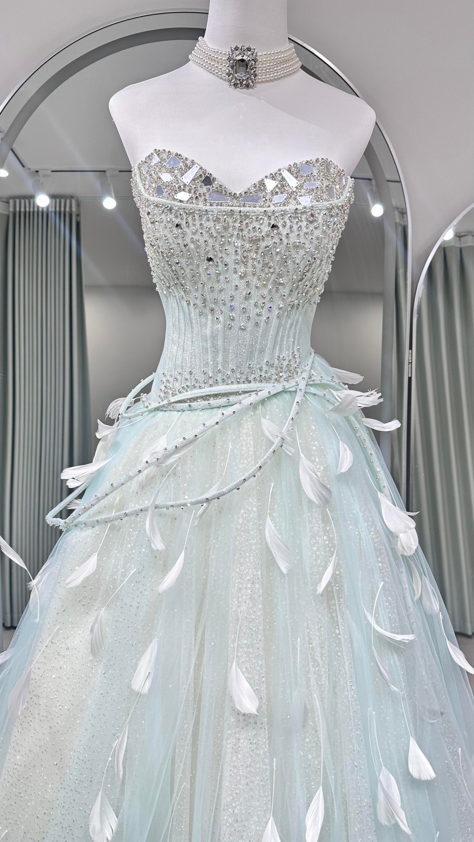 Mint Green Ball Gown Prom Dress with Detachable Sleeves and Lace-Up Back SL208