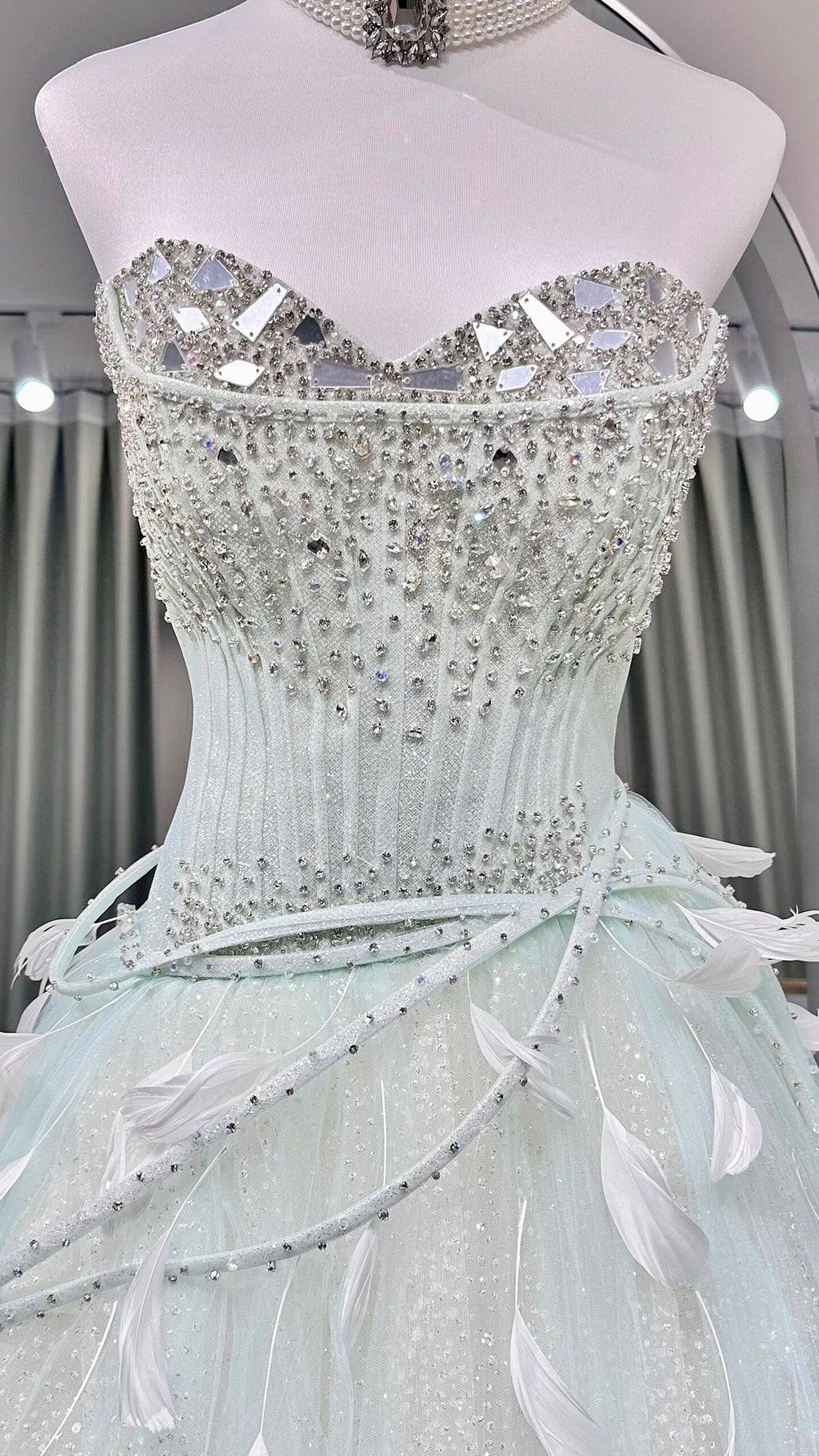Mint Green Ball Gown Prom Dress with Detachable Sleeves and Lace-Up Back SL208