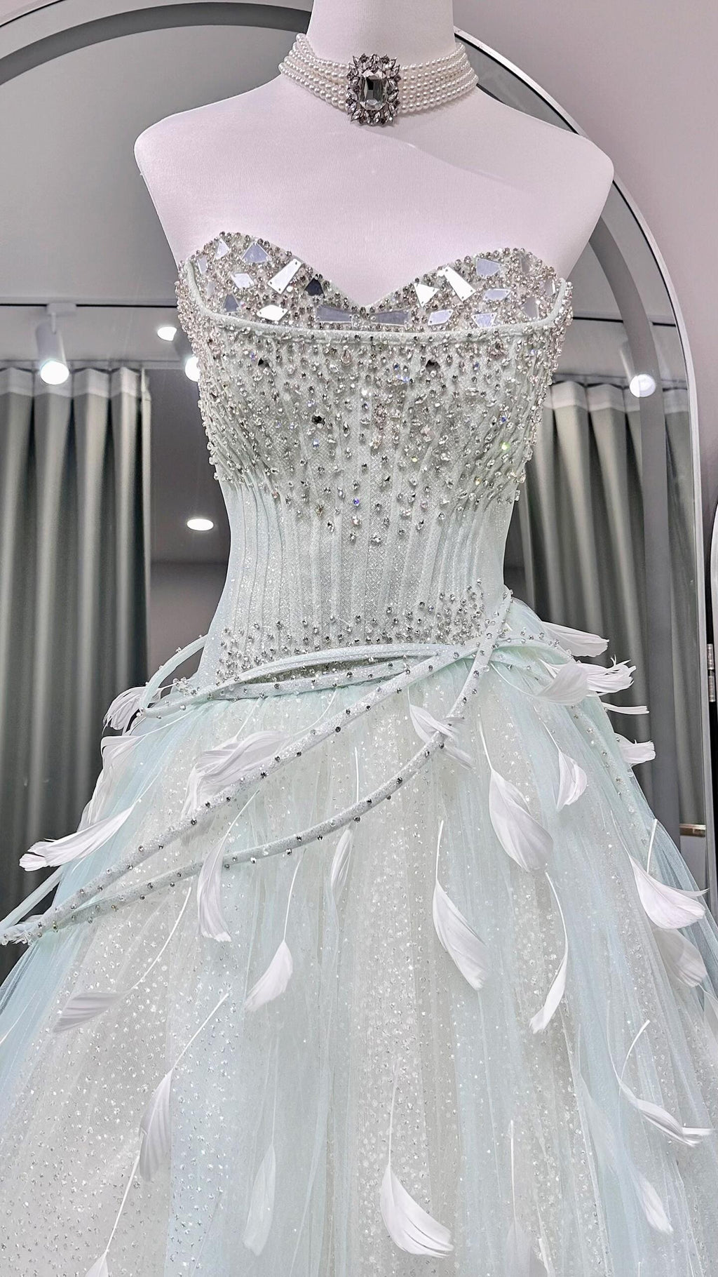 Mint Green Ball Gown Prom Dress with Detachable Sleeves and Lace-Up Back SL208