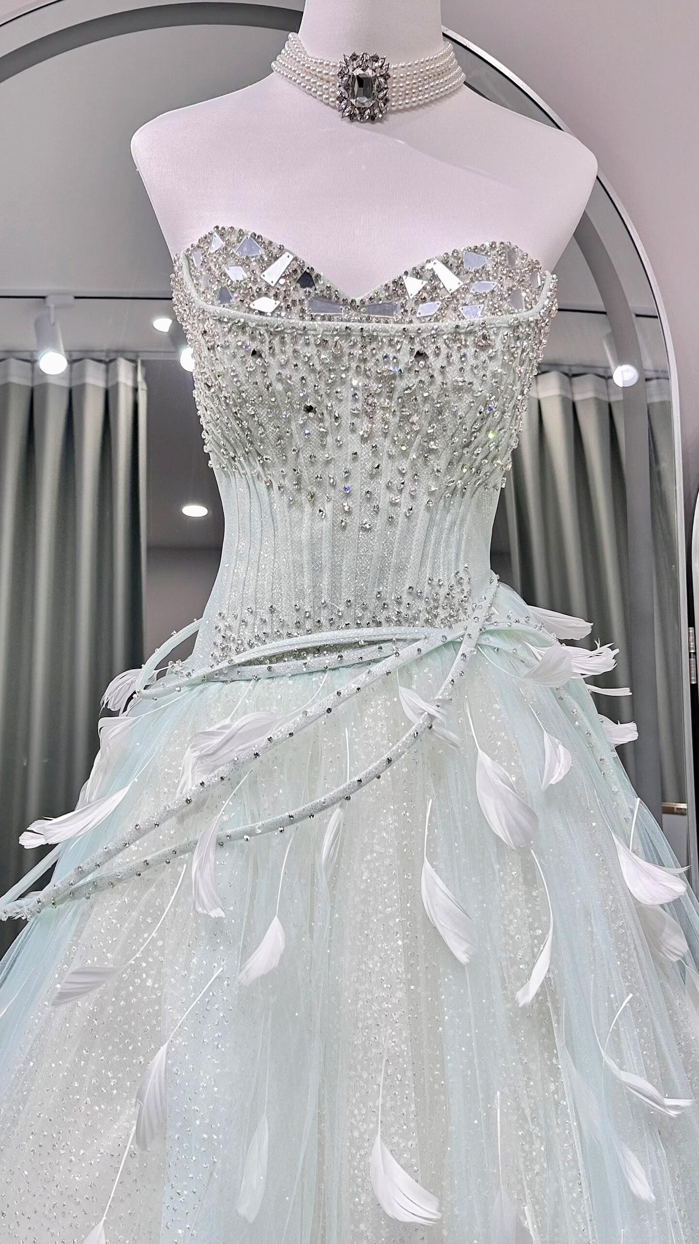 Mint Green Ball Gown Prom Dress with Detachable Sleeves and Lace-Up Back SL208