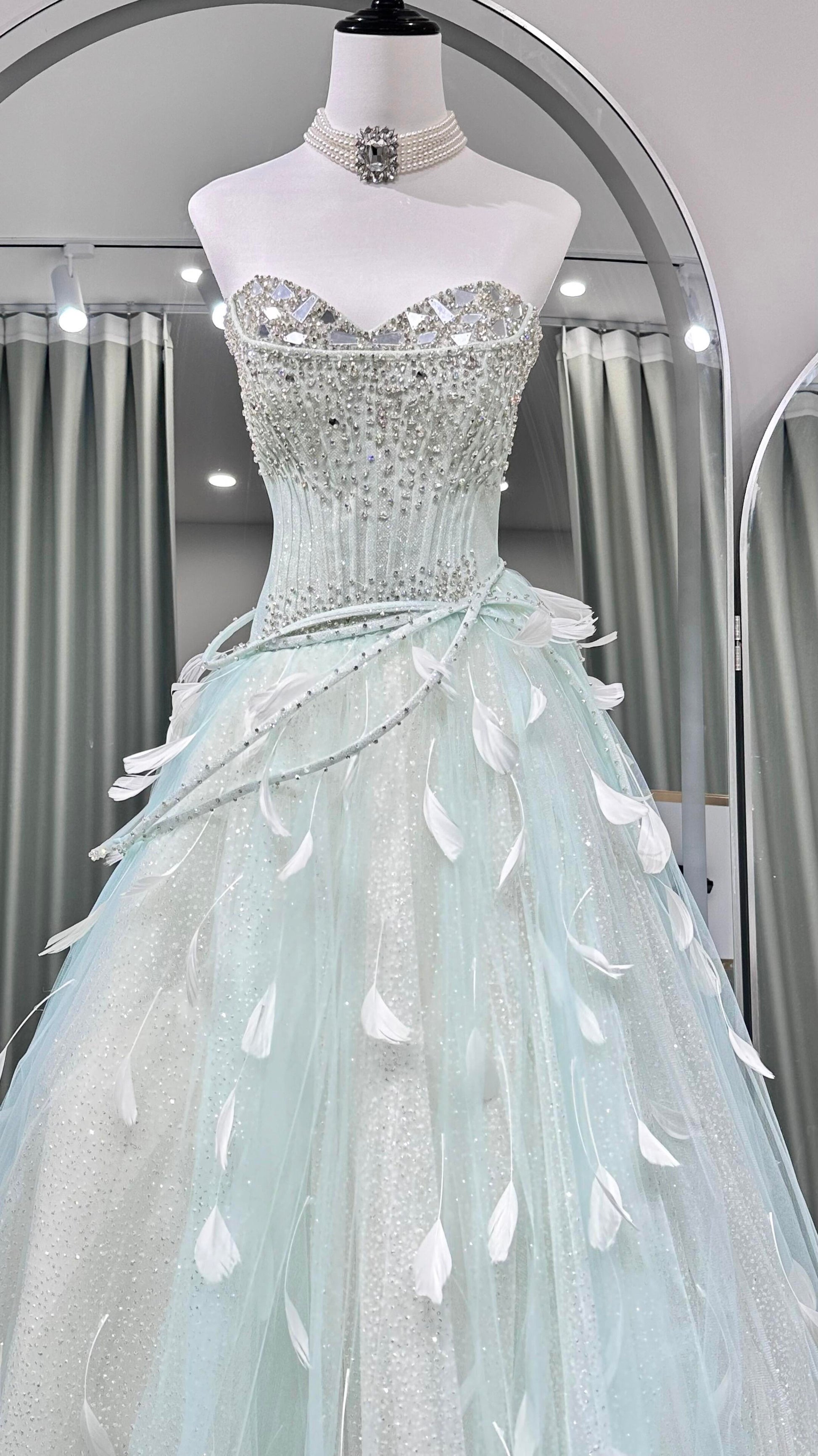 Mint Green Ball Gown Prom Dress with Detachable Sleeves and Lace-Up Back SL208