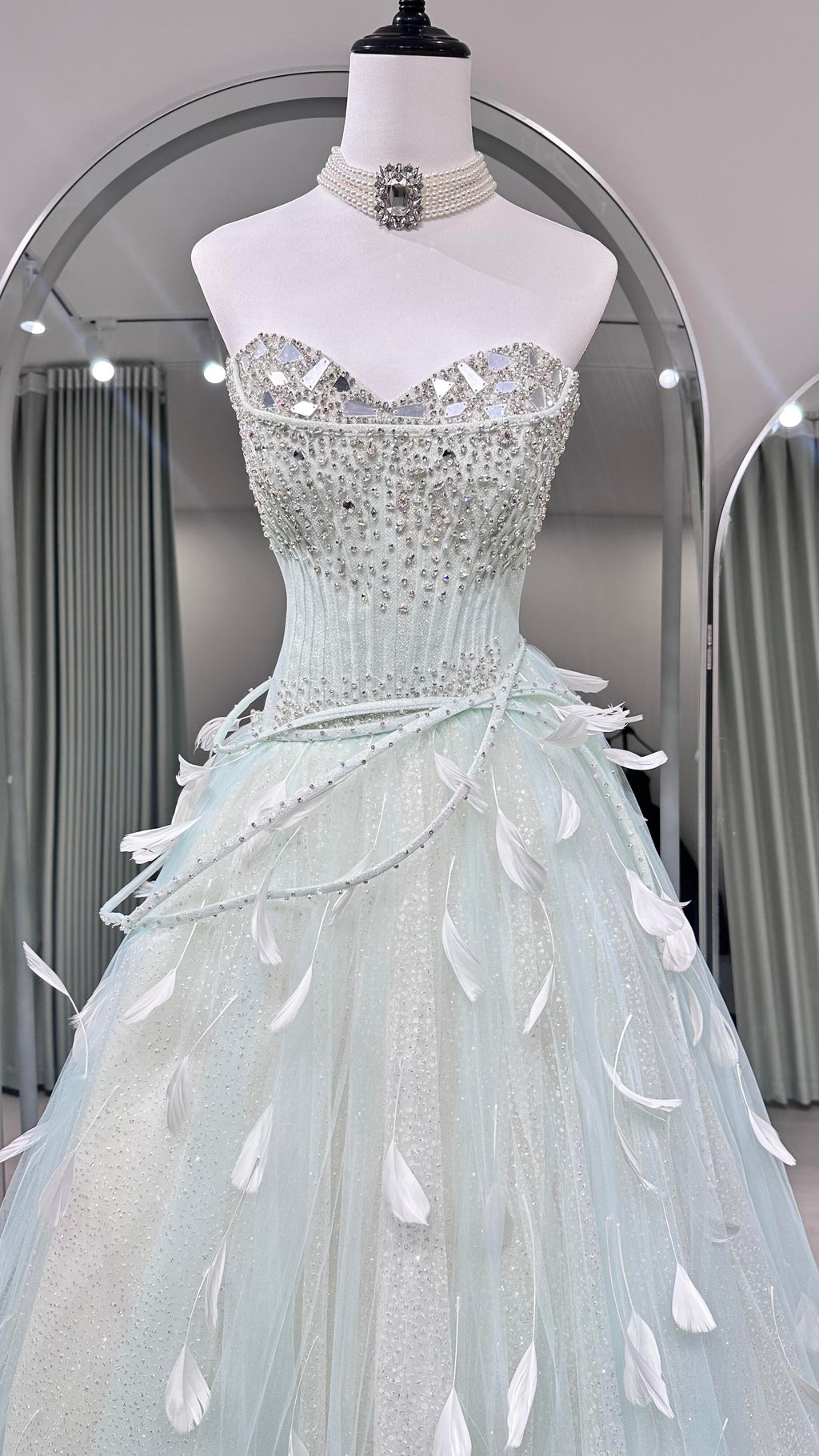 Mint Green Ball Gown Prom Dress with Detachable Sleeves and Lace-Up Back SL208
