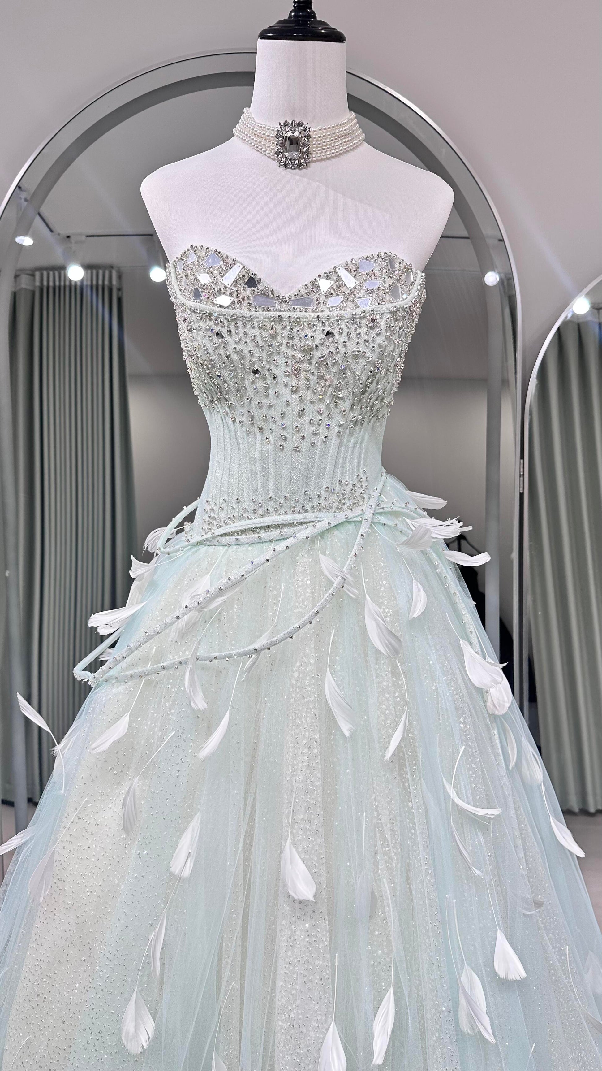 Mint Green Ball Gown Prom Dress with Detachable Sleeves and Lace-Up Back SL208