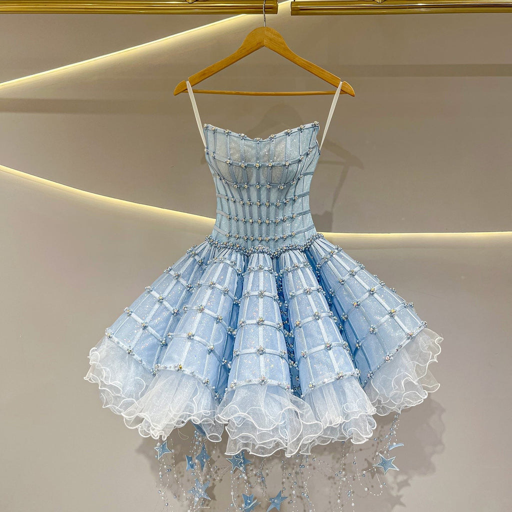 High-End Custom Blue Stardust Princess Evening Dress TD012