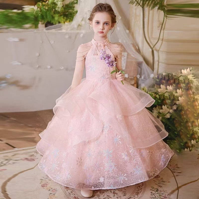 Pink Flower Girl Dress for European Garden Celebrations L038