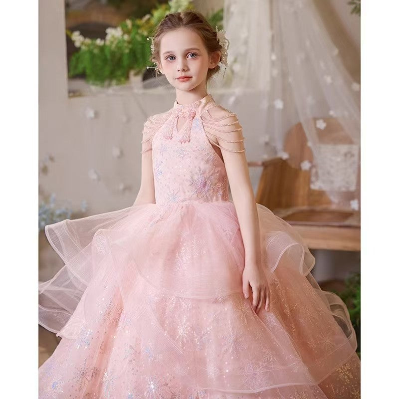 Pink Flower Girl Dress for European Garden Celebrations L038