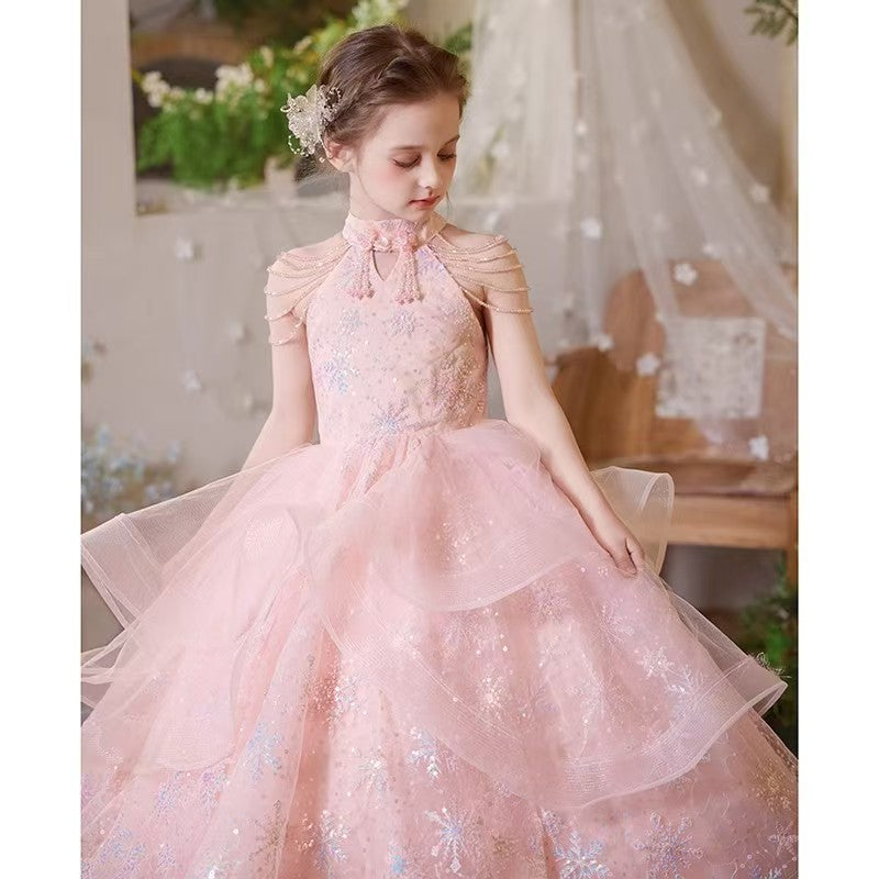 Pink Flower Girl Dress for European Garden Celebrations L038