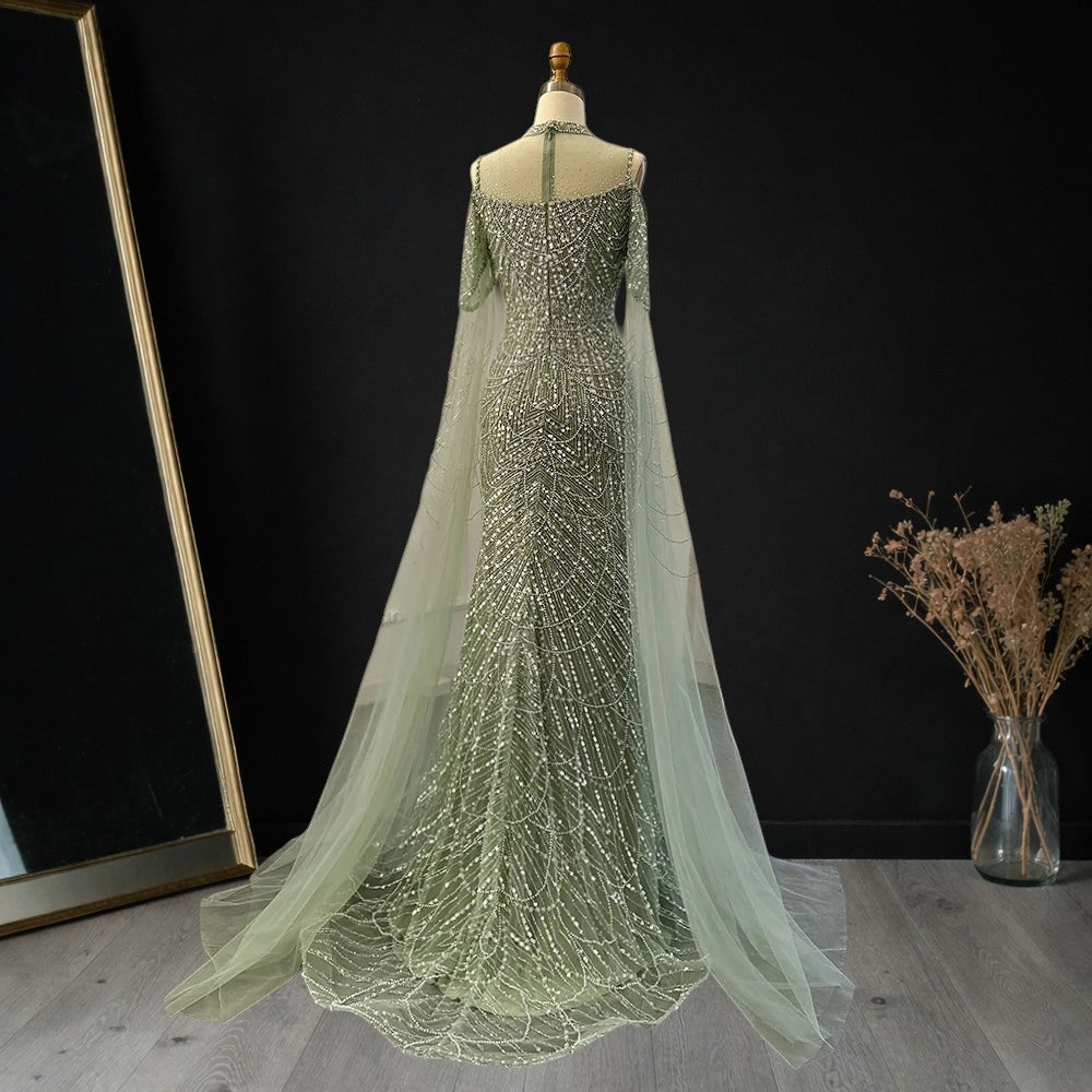 Purple Beaded Evening Gown with Illusion High Neck and Tulle Cape Sleeves SL179