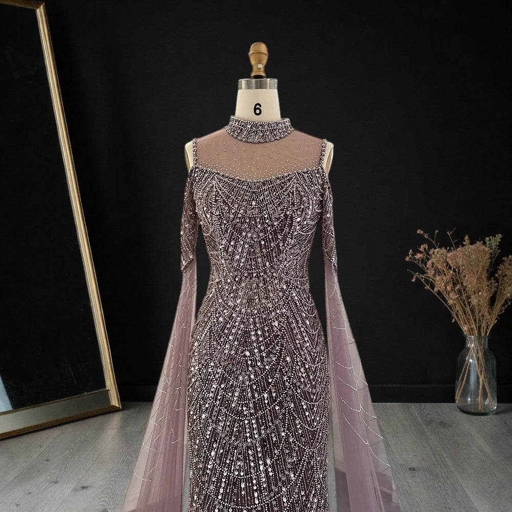 Purple Beaded Evening Gown with Illusion High Neck and Tulle Cape Sleeves SL179