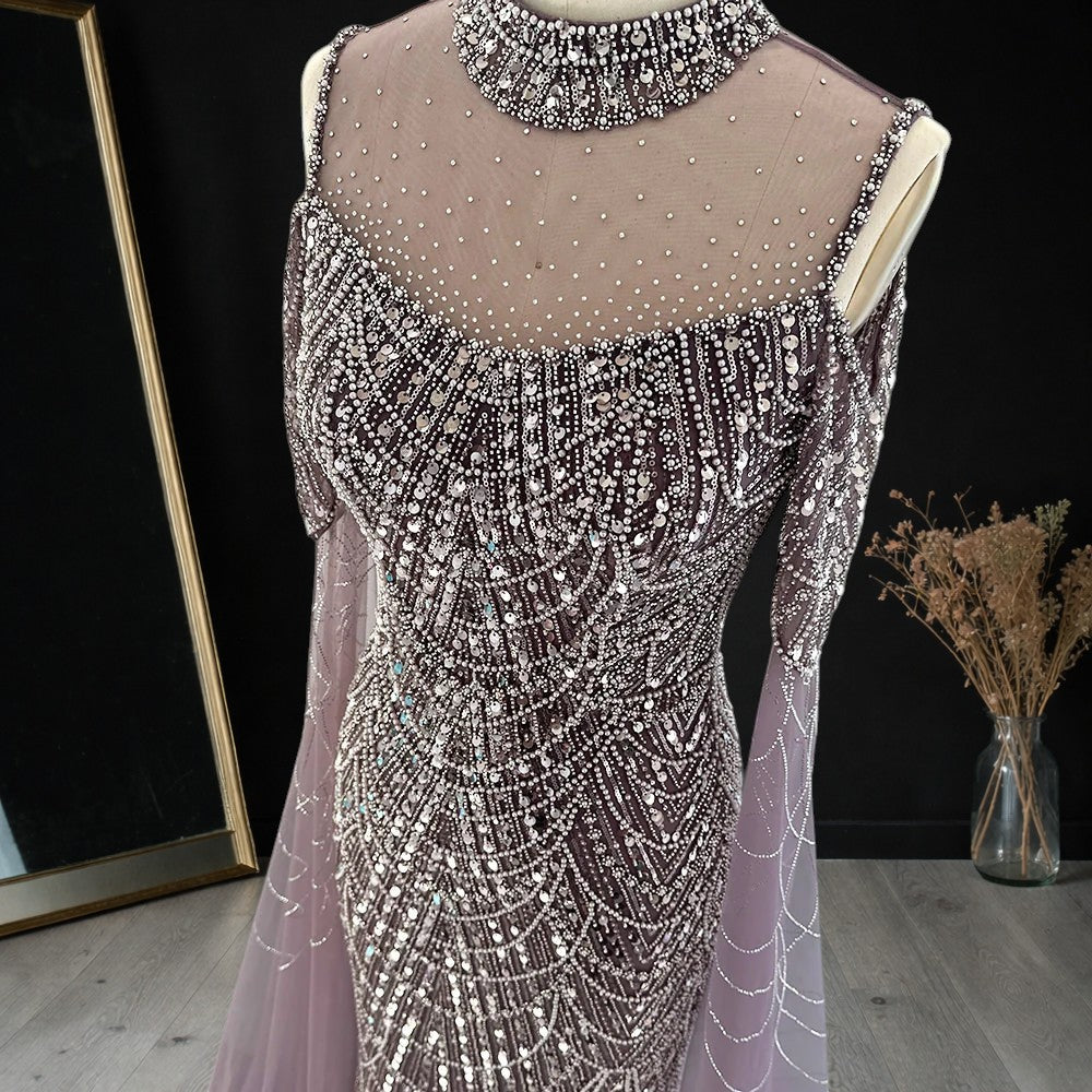 Purple Beaded Evening Gown with Illusion High Neck and Tulle Cape Sleeves SL179