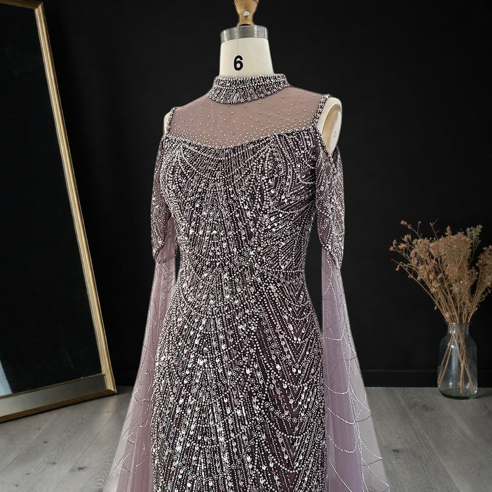 Purple Beaded Evening Gown with Illusion High Neck and Tulle Cape Sleeves SL179