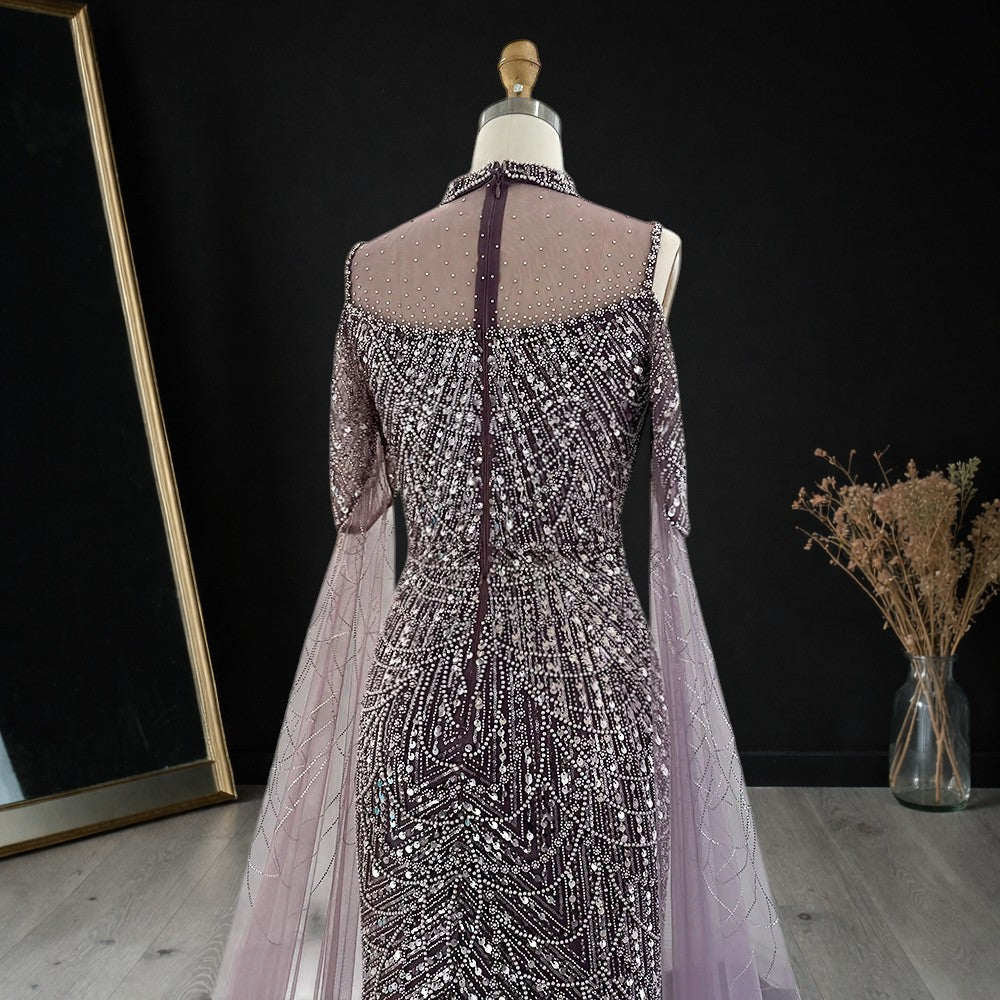 Purple Beaded Evening Gown with Illusion High Neck and Tulle Cape Sleeves SL179