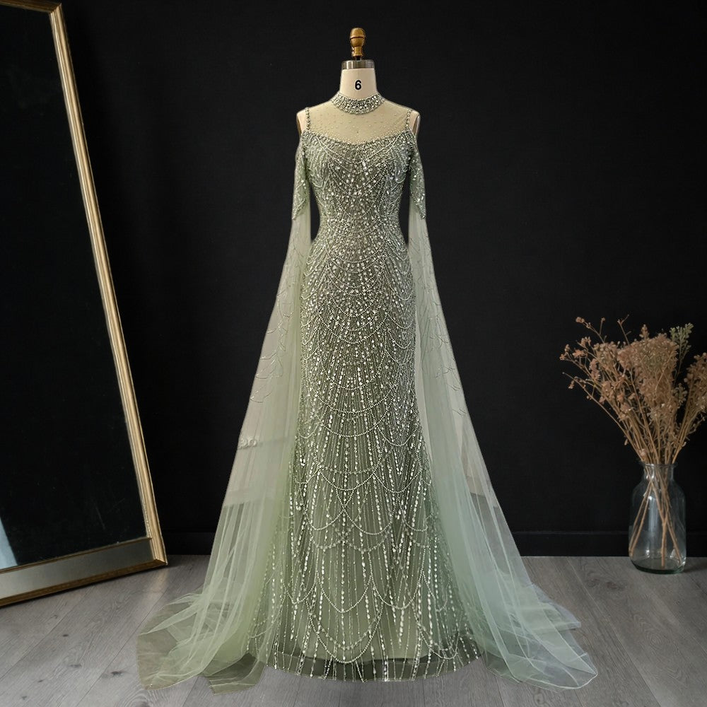 Purple Beaded Evening Gown with Illusion High Neck and Tulle Cape Sleeves SL179