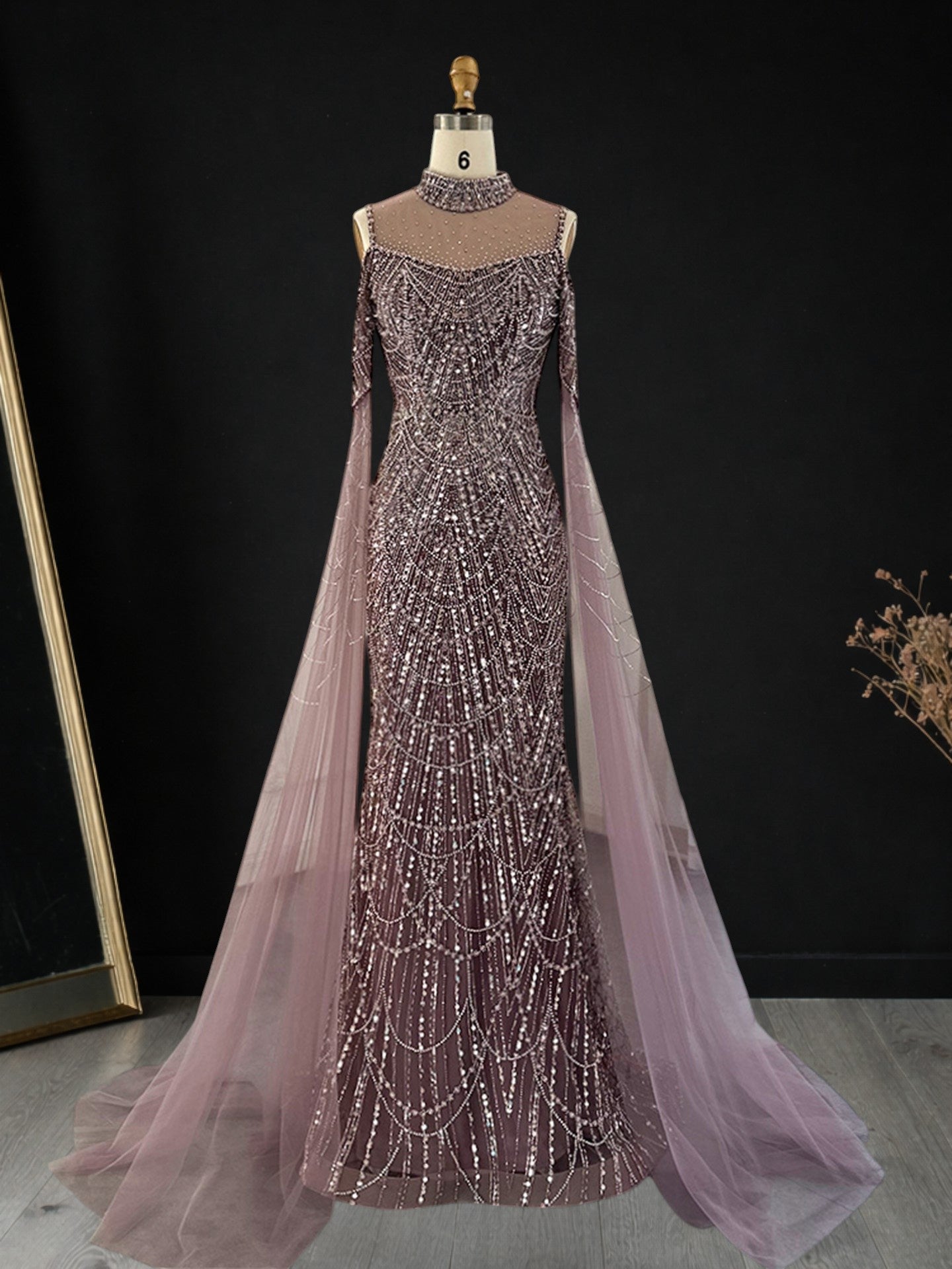 Purple Beaded Evening Gown with Illusion High Neck and Tulle Cape Sleeves SL179