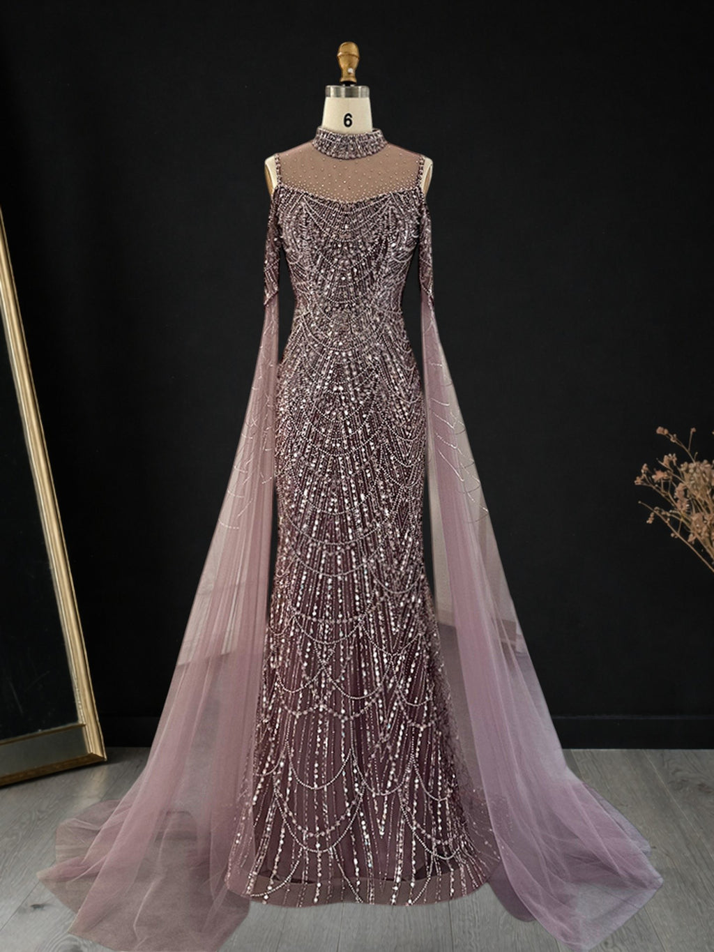 Purple Beaded Evening Gown with Illusion High Neck and Tulle Cape Sleeves SL179