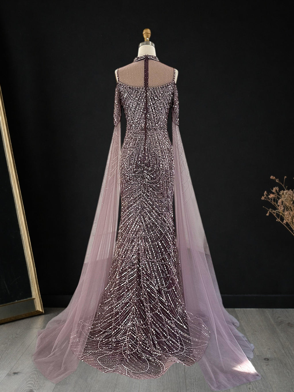 Purple Beaded Evening Gown with Illusion High Neck and Tulle Cape Sleeves SL179