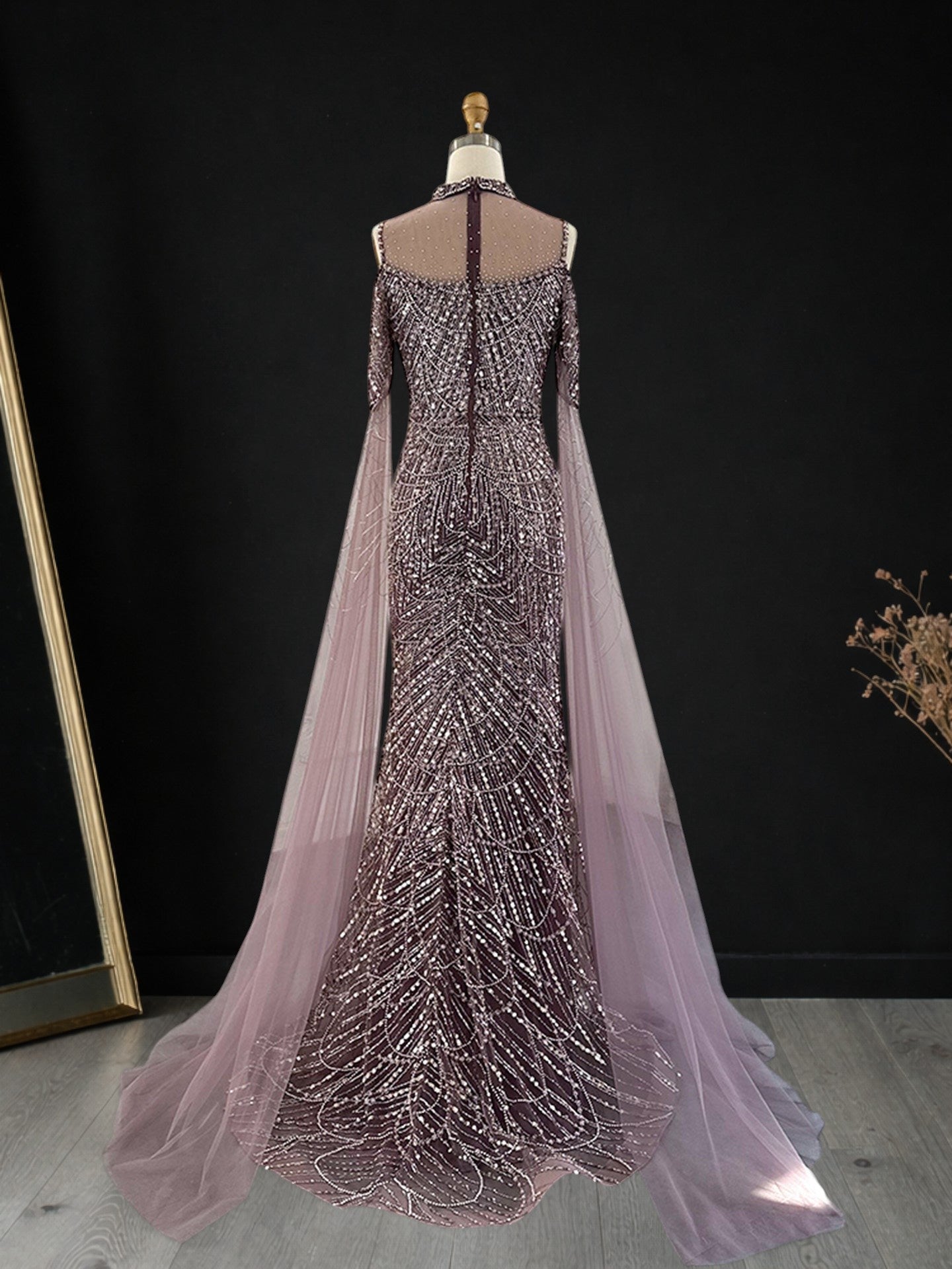 Purple Beaded Evening Gown with Illusion High Neck and Tulle Cape Sleeves SL179