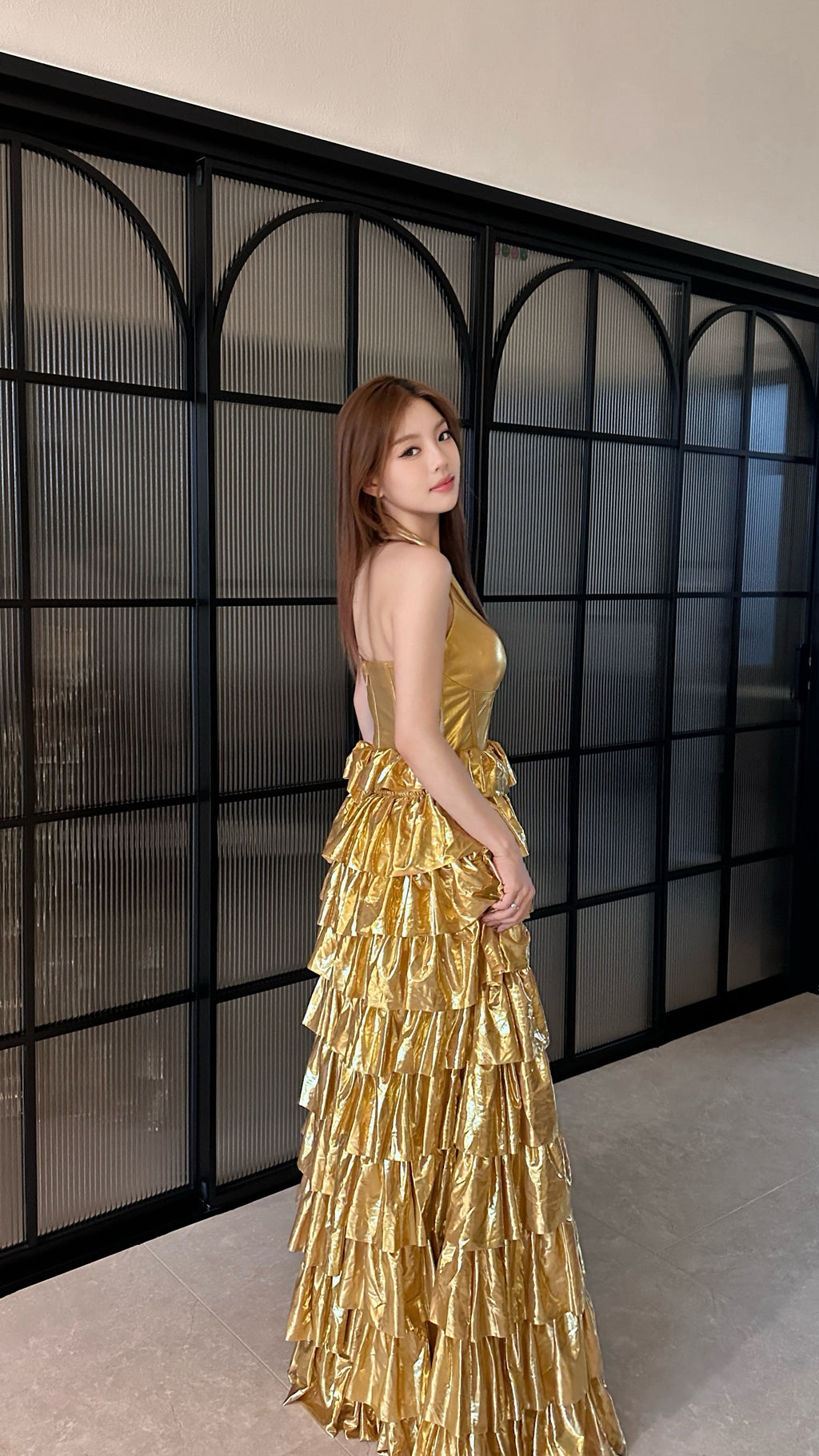 Fishbone Waist Flowing Ruffle Halter Neck Dress Light Dress DT116