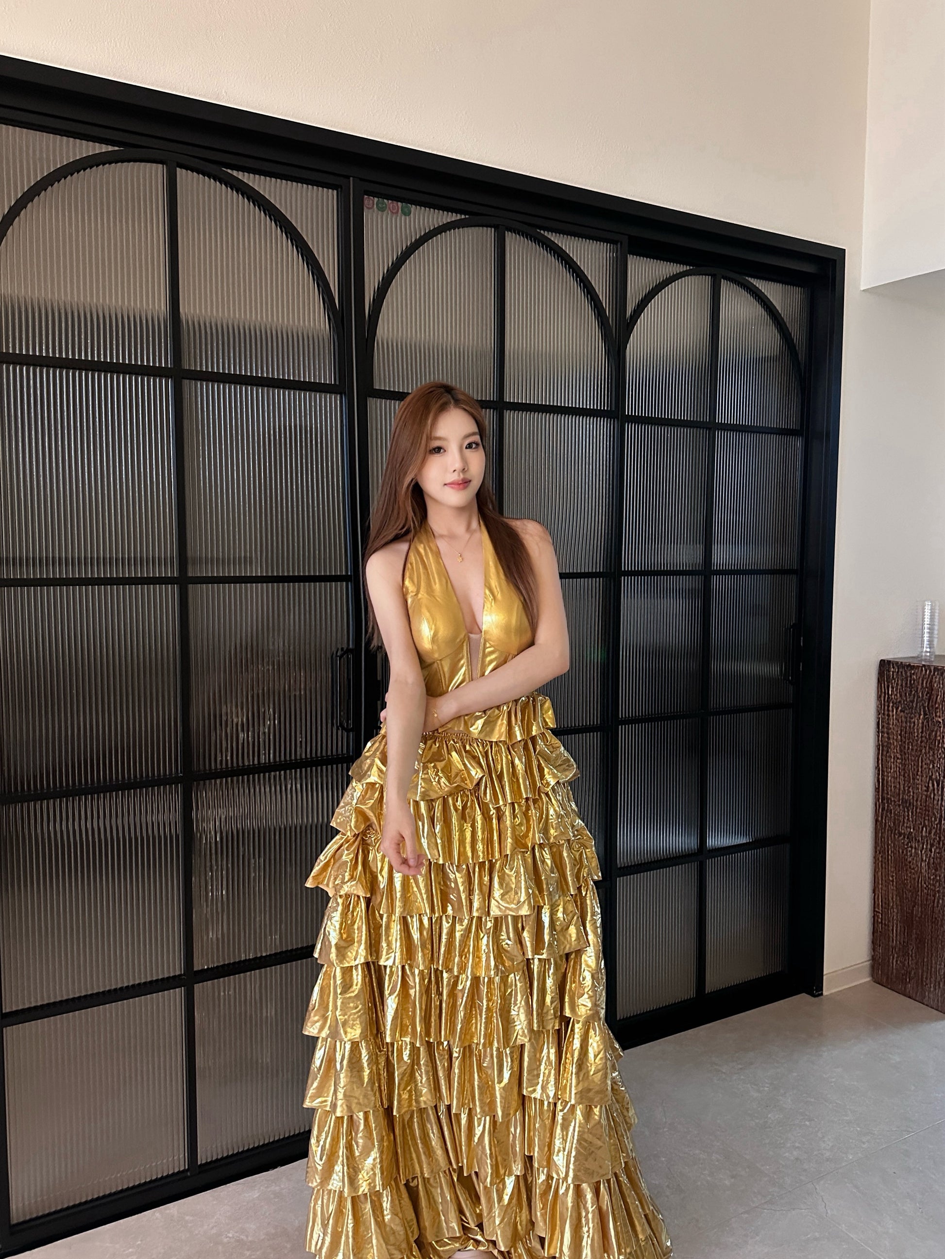 Fishbone Waist Flowing Ruffle Halter Neck Dress Light Dress DT116