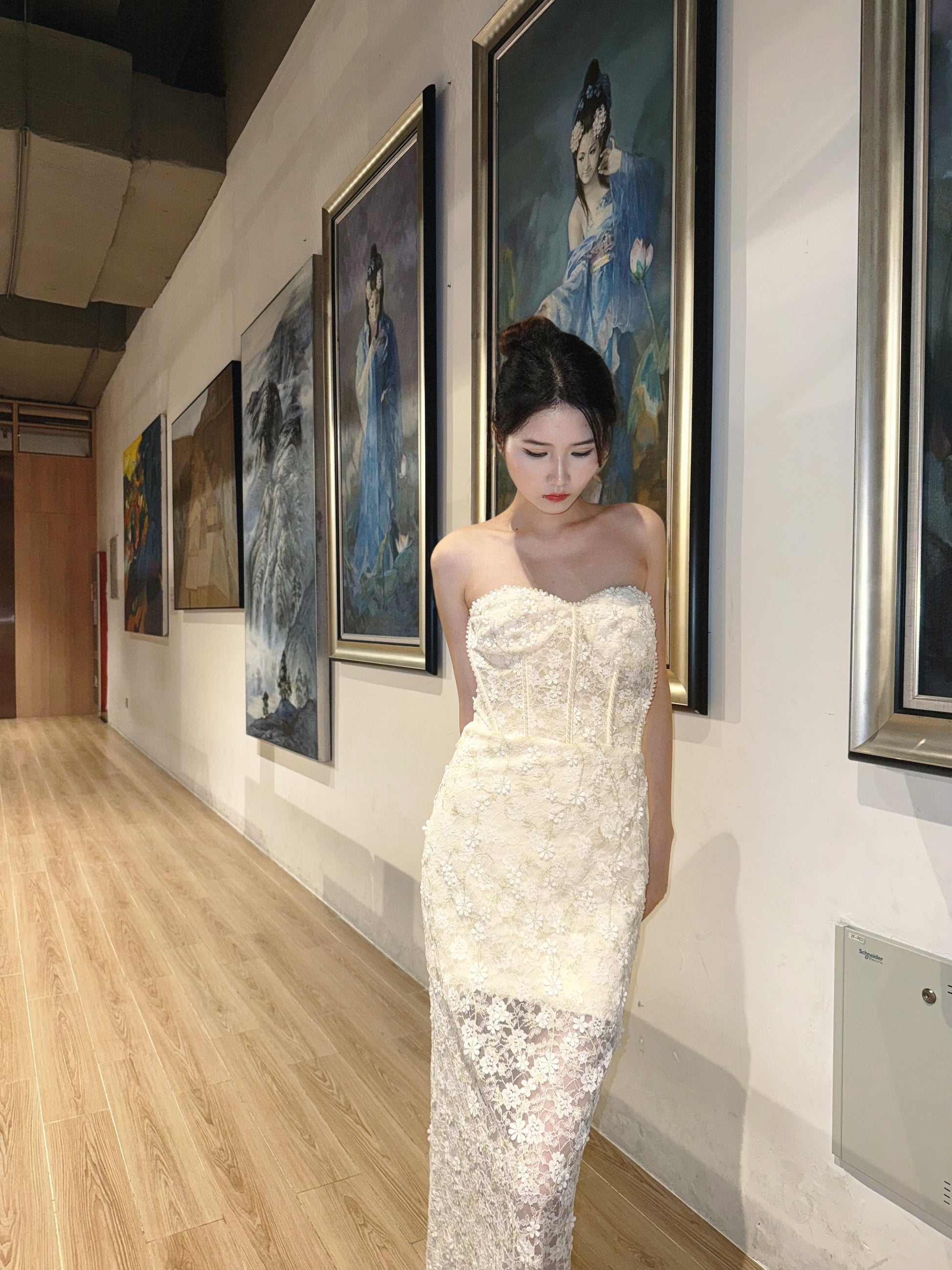 Heavily Beaded and Embroidered Strapless Lace Dress Y115