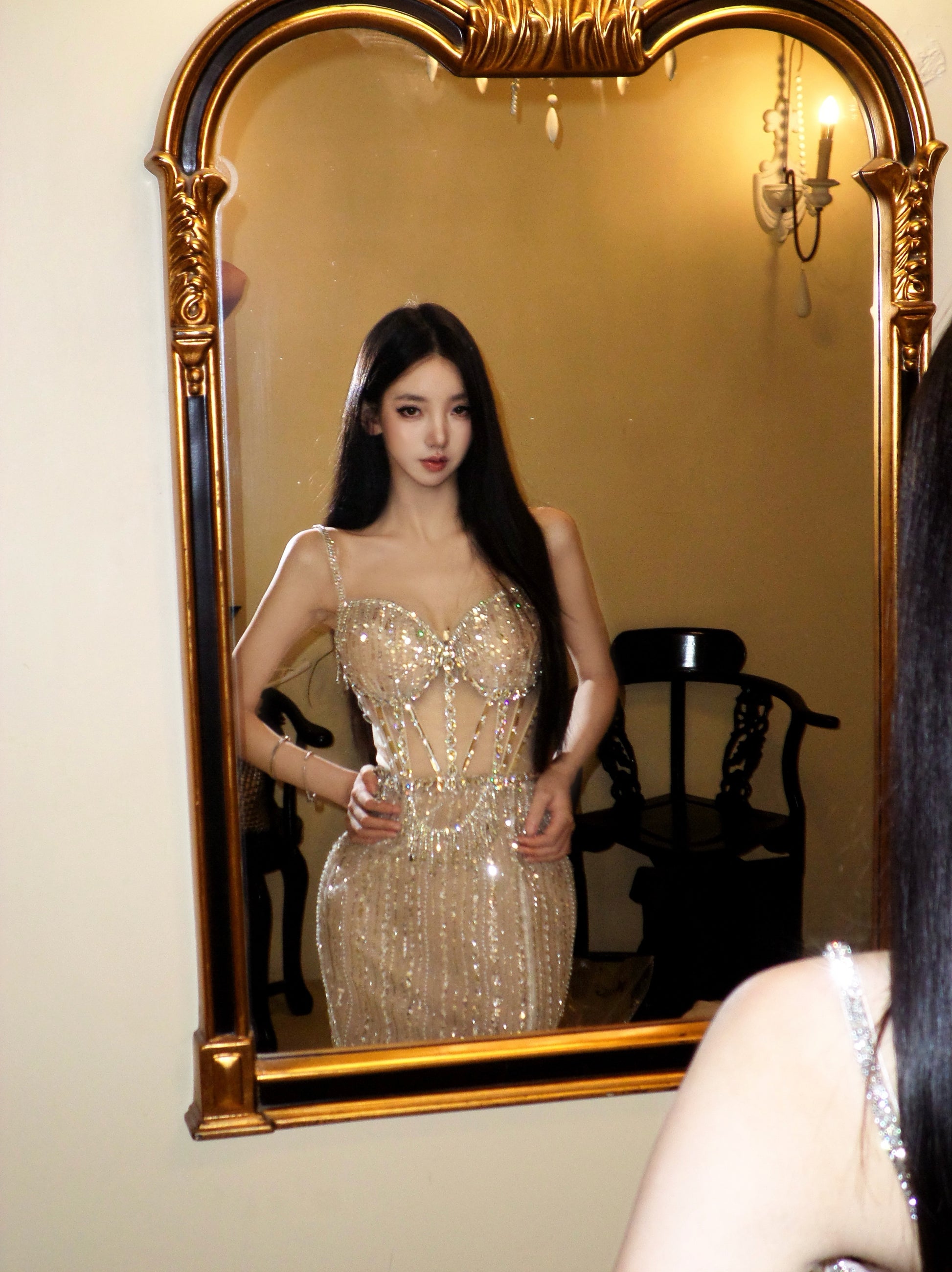 Luxury Heavy Rhinestone Beaded Dress With Glitter And Waist Baring Party Dress Y120