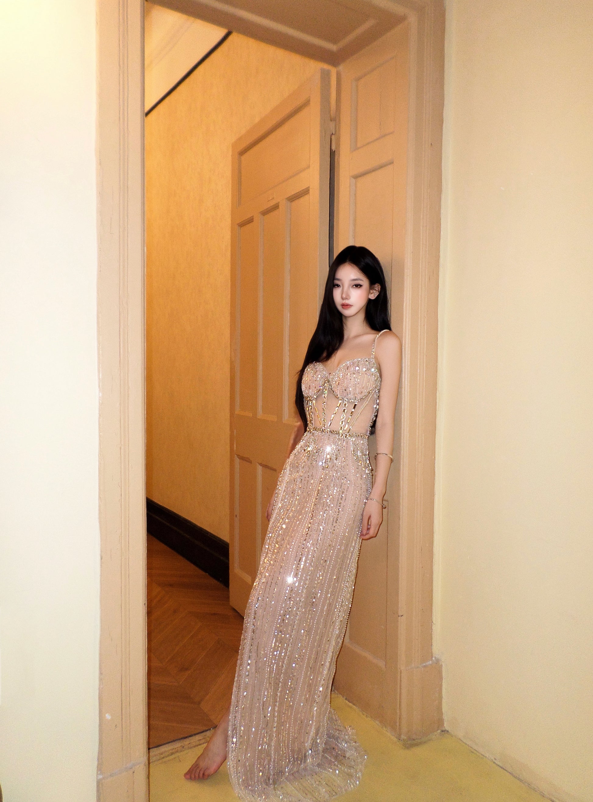 Luxury Heavy Rhinestone Beaded Dress With Glitter And Waist Baring Party Dress Y120