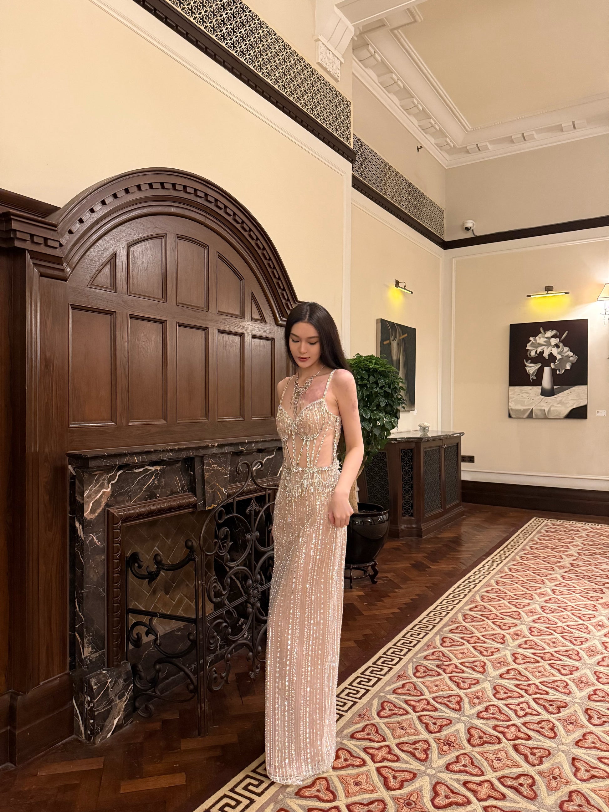 Luxury Heavy Rhinestone Beaded Dress With Glitter And Waist Baring Party Dress Y120