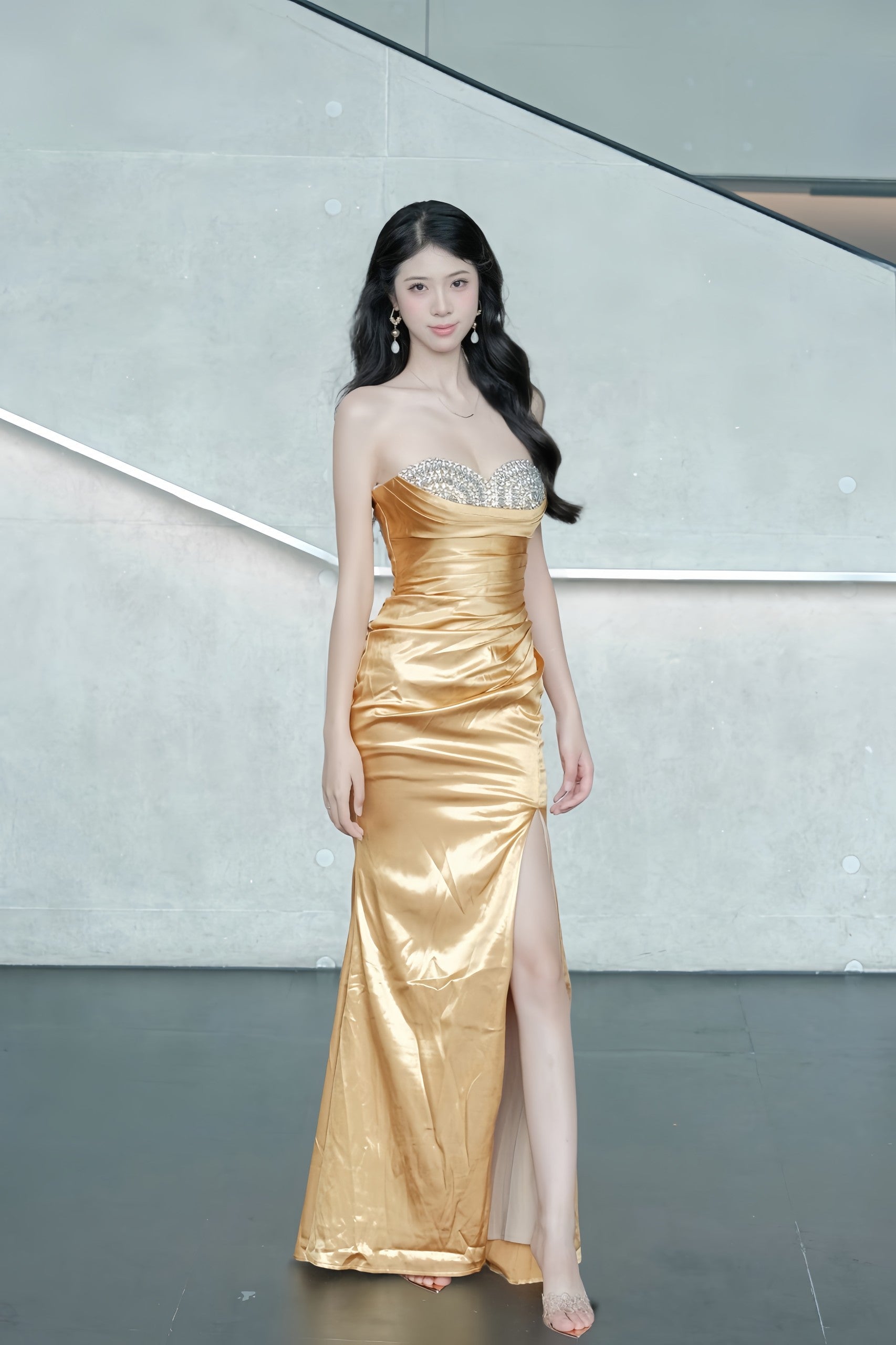 Golden Athena Luxurious Strapless Dress with Pleated Waist Party Gown Y114