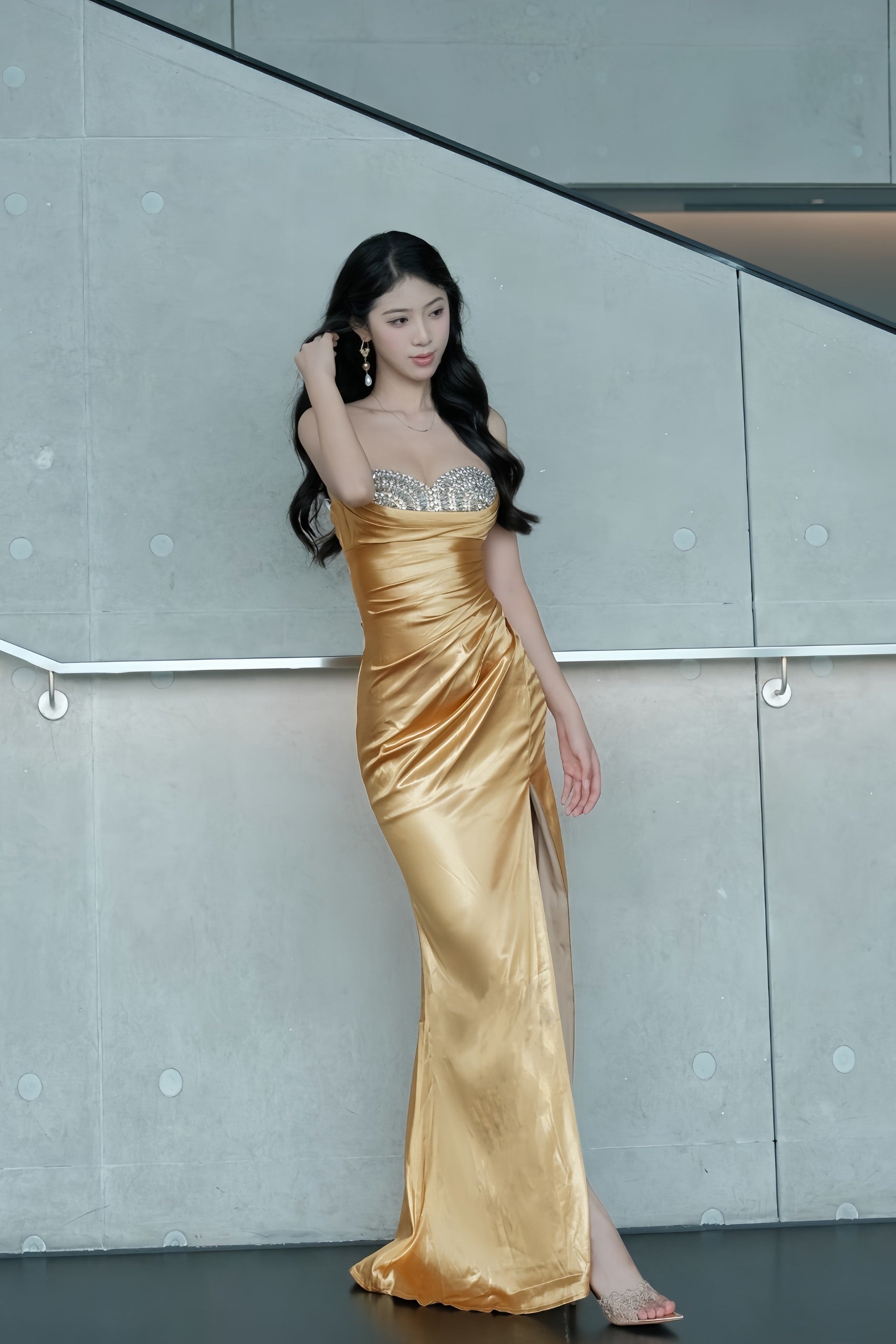 Golden Athena Luxurious Strapless Dress with Pleated Waist Party Gown Y114