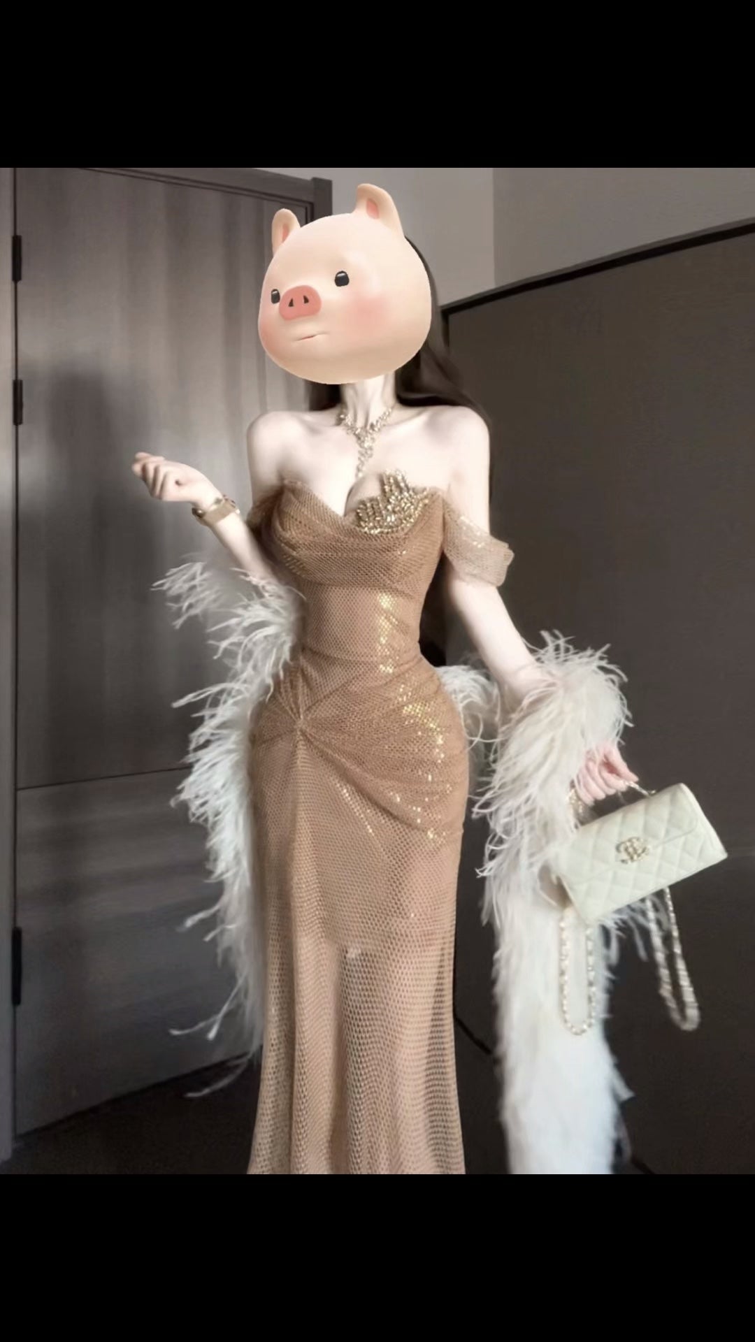 Vintage Sculpted Pleated Off-Shoulder Evening Dress Y112