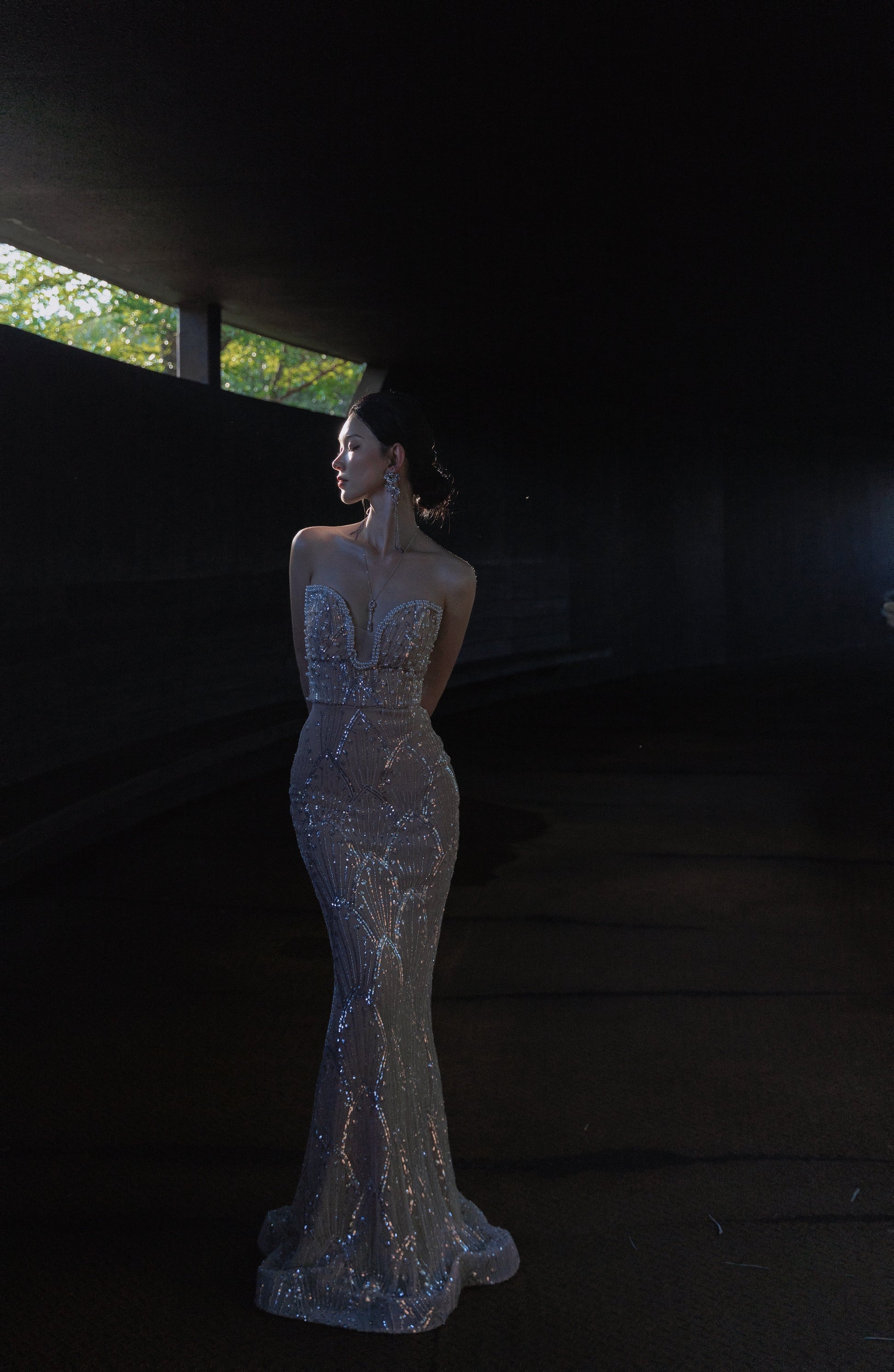 Luxury Pearl Sequined Tube Top Dress V Neck Party Dress Y117