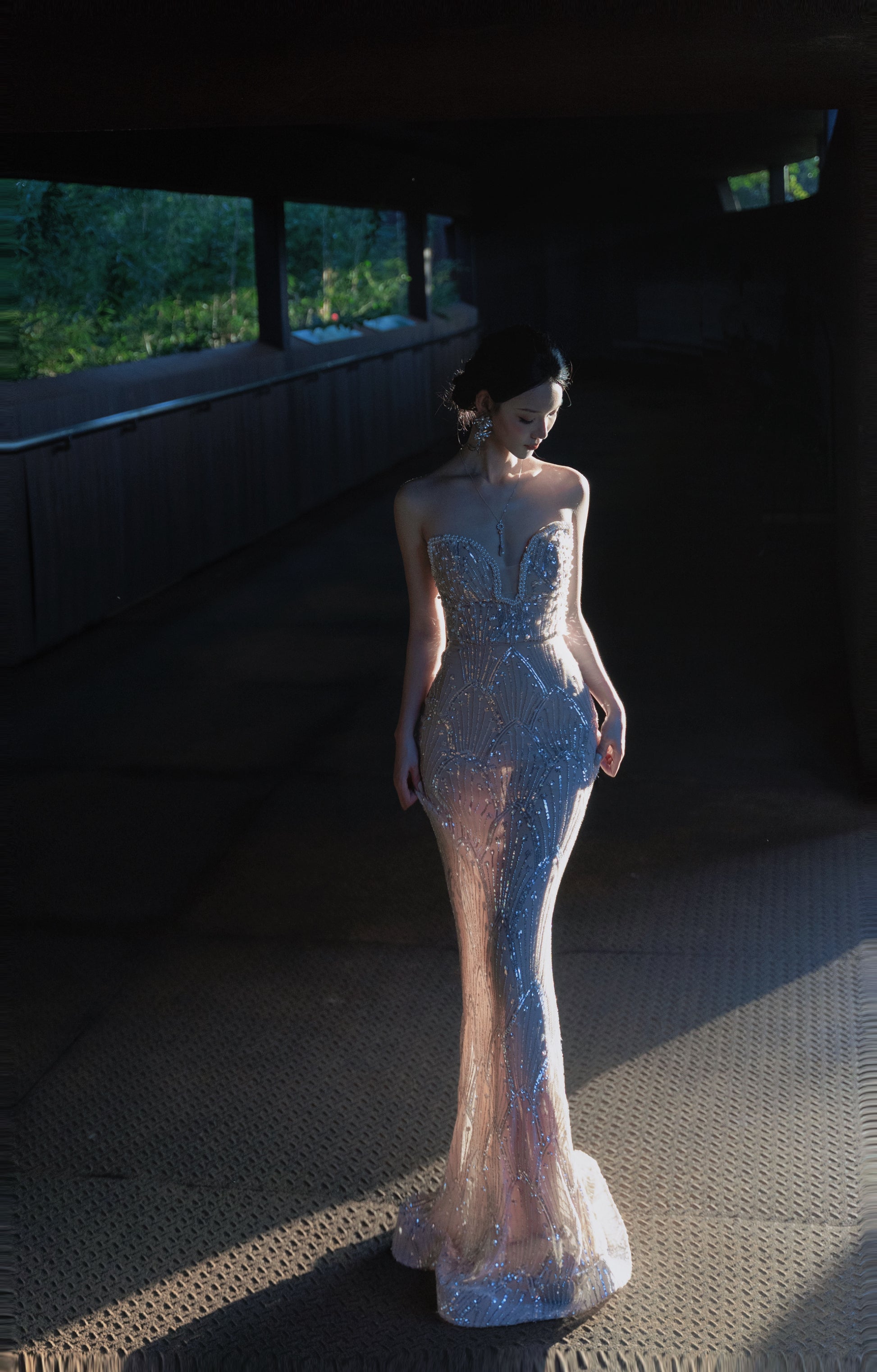 Luxury Pearl Sequined Tube Top Dress V Neck Party Dress Y117