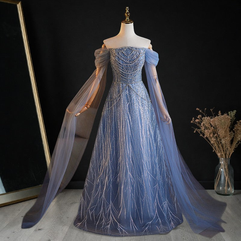 Romantic Blue Off-Shoulder Evening Gown with Soft Tulle Draping SL205