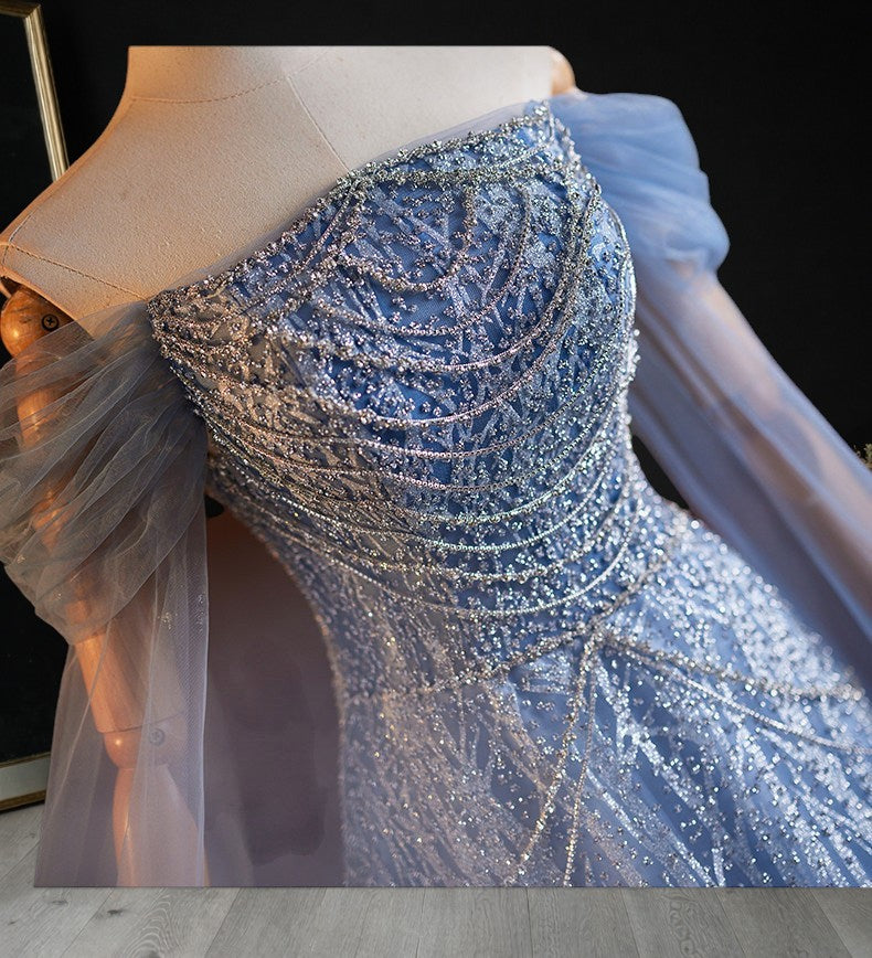 Romantic Blue Off-Shoulder Evening Gown with Soft Tulle Draping SL205