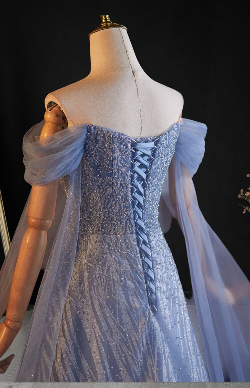 Romantic Blue Off-Shoulder Evening Gown with Soft Tulle Draping SL205