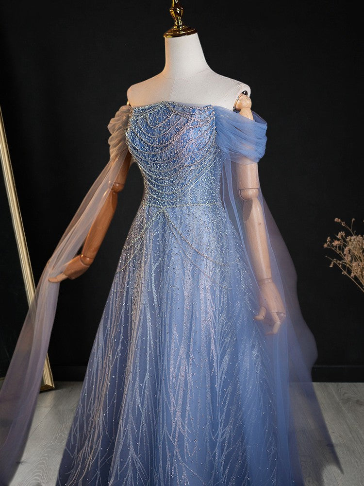 Romantic Blue Off-Shoulder Evening Gown with Soft Tulle Draping SL205