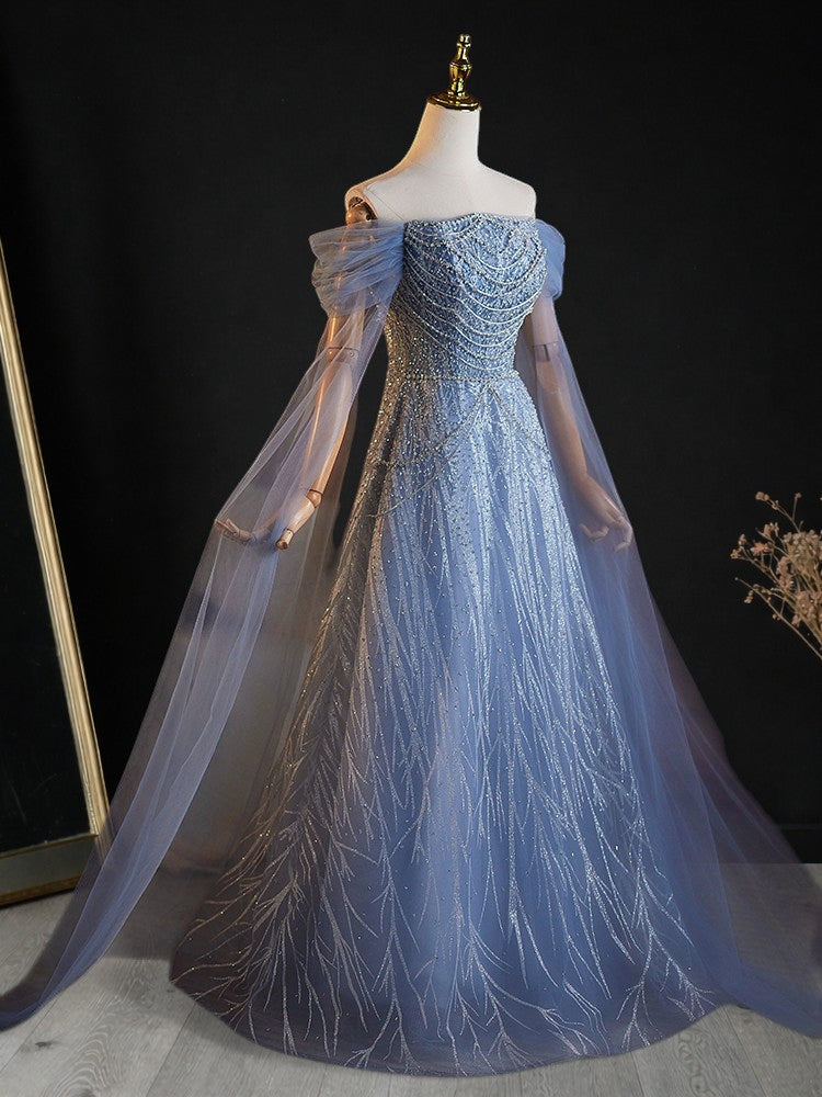 Romantic Blue Off-Shoulder Evening Gown with Soft Tulle Draping SL205