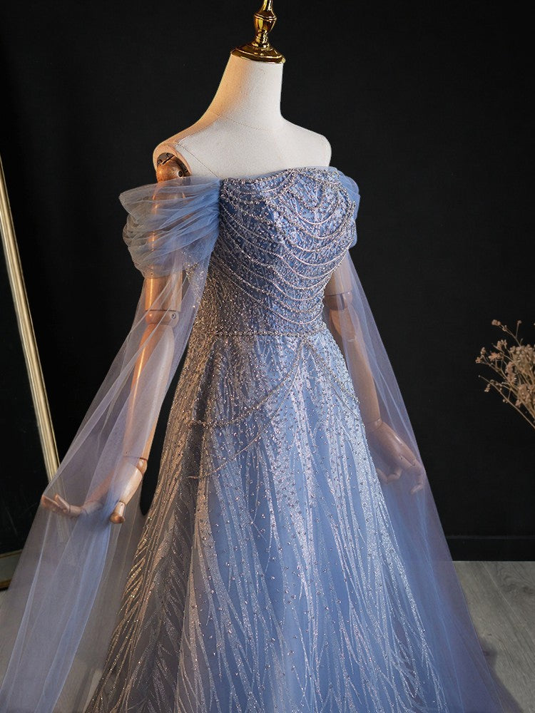 Romantic Blue Off-Shoulder Evening Gown with Soft Tulle Draping SL205