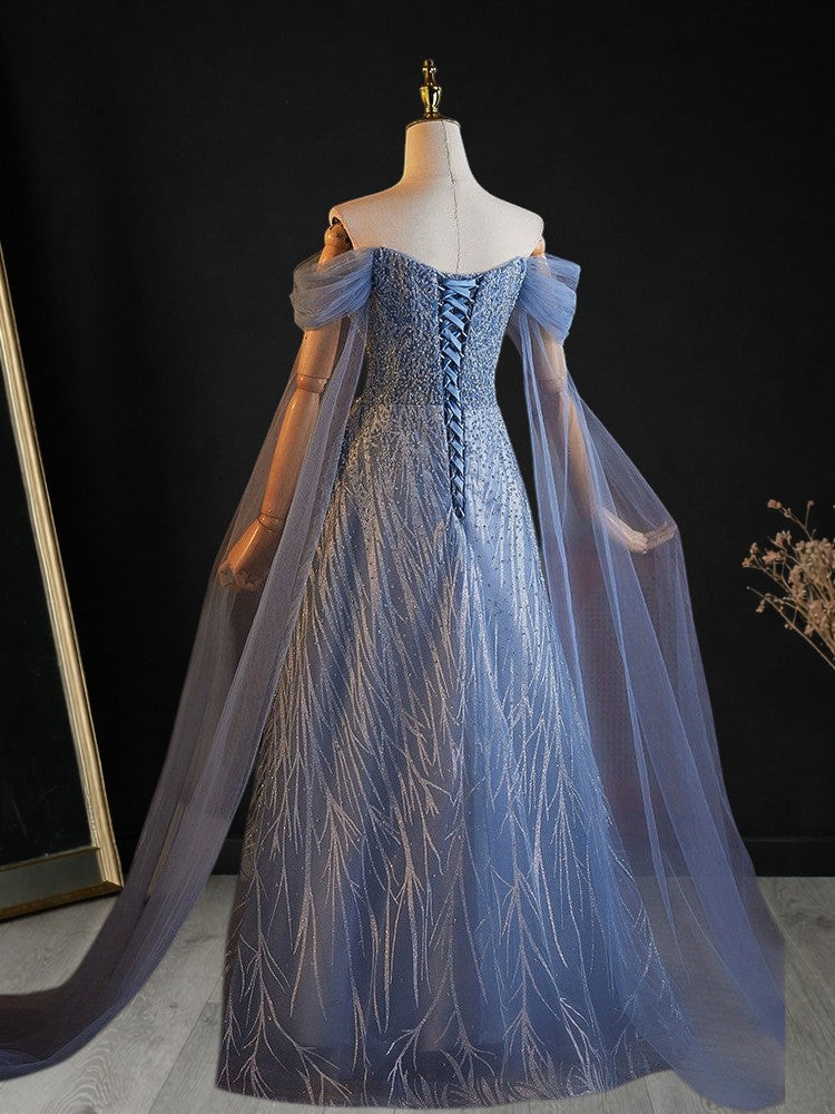 Romantic Blue Off-Shoulder Evening Gown with Soft Tulle Draping SL205