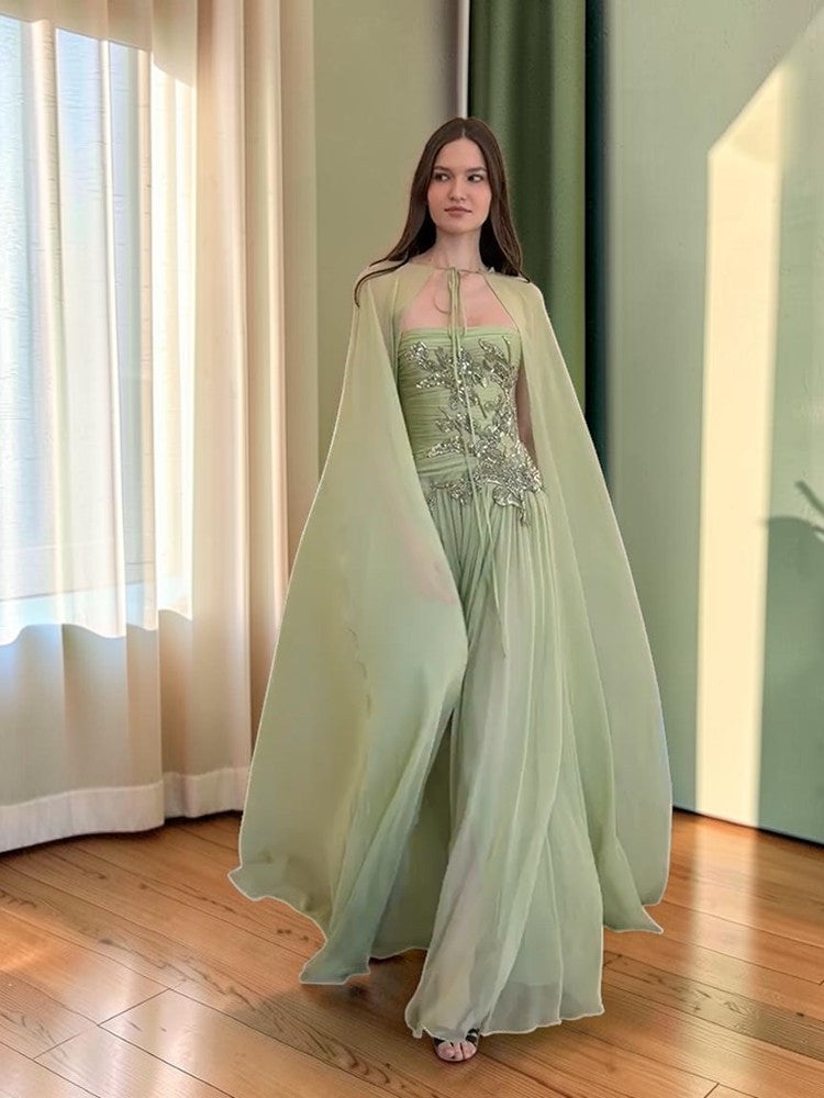 Romantic Sage Green Formal Dress with Cape Detail SL203