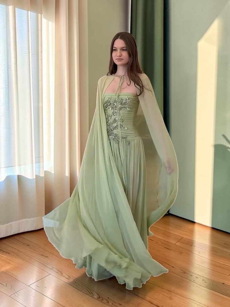 Romantic Sage Green Formal Dress with Cape Detail SL203