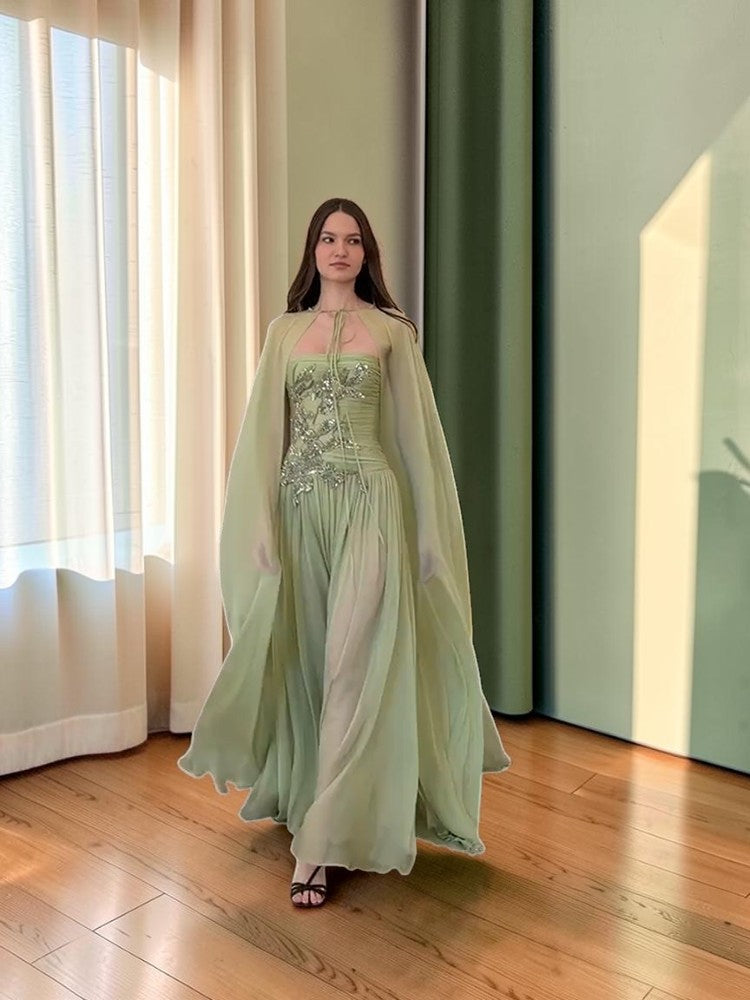 Romantic Sage Green Formal Dress with Cape Detail SL203