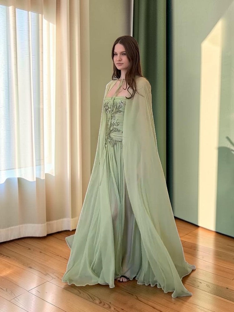 Romantic Sage Green Formal Dress with Cape Detail SL203