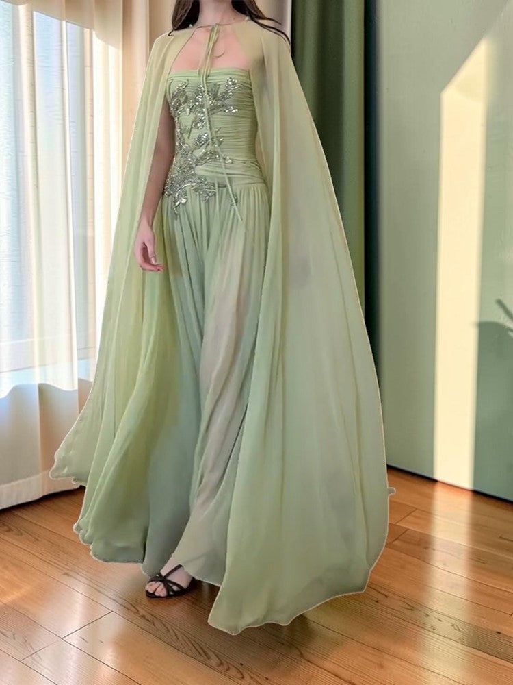 Romantic Sage Green Formal Dress with Cape Detail SL203