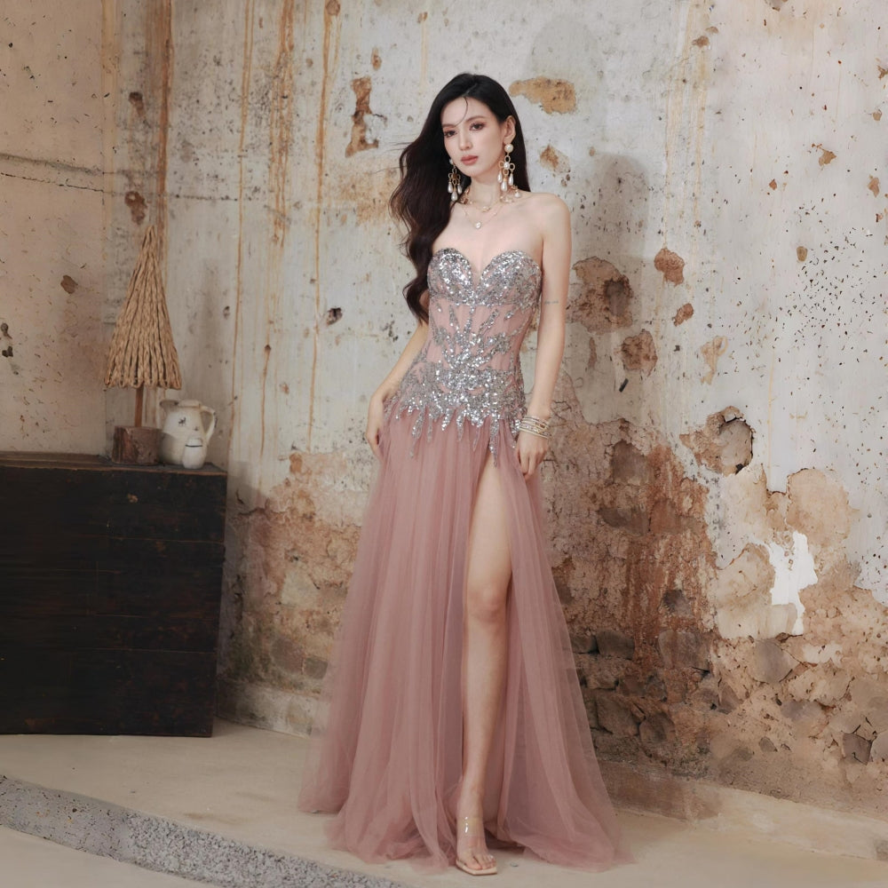 Galaxy Mist Exploding Sequin Strapless Dress Flowy Mesh High Slit Gown Y113
