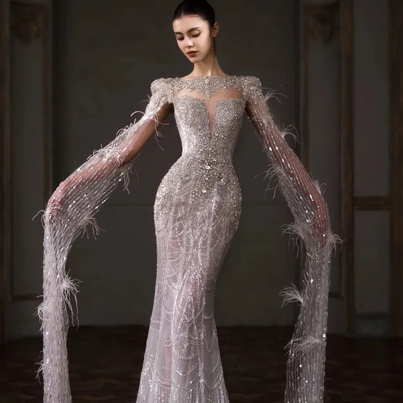 Luxury Silver Beaded Mermaid Wedding Dress with Feather Cape Sleeves SL130