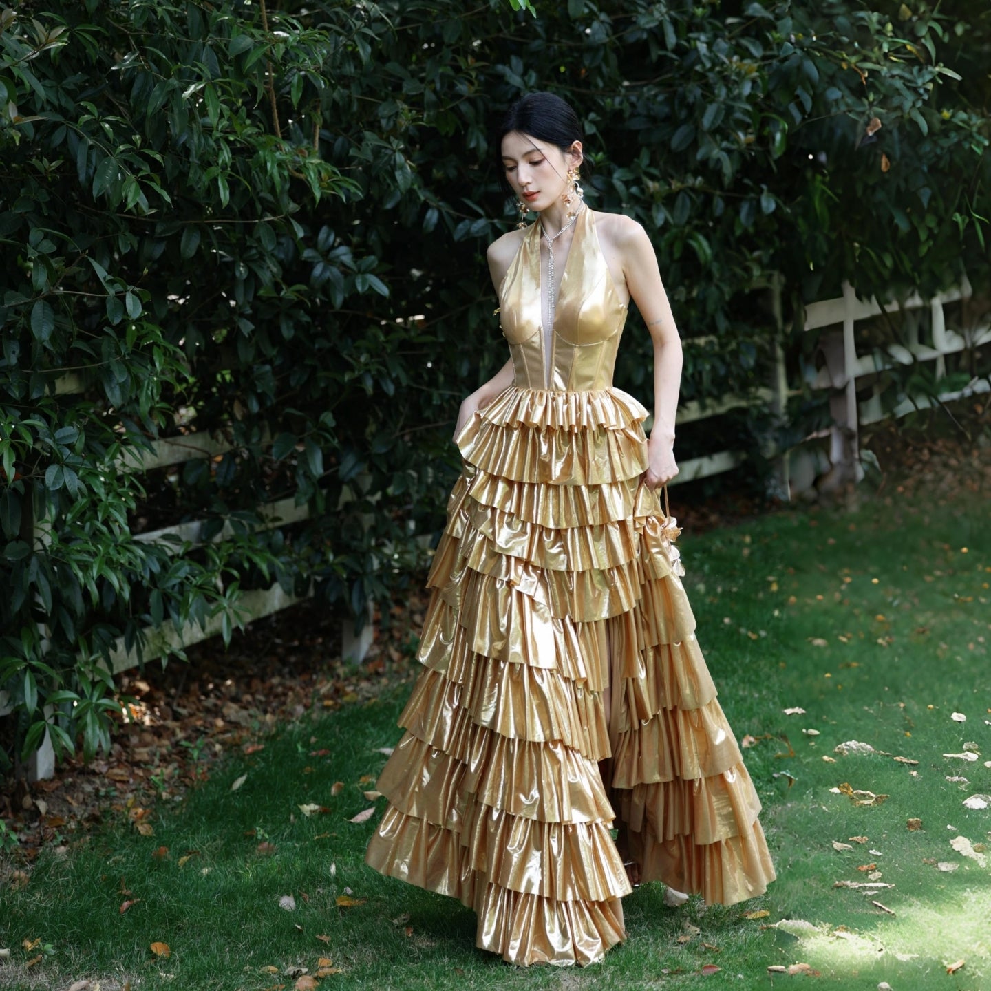 Fishbone Waist Flowing Ruffle Halter Neck Dress Light Dress DT116