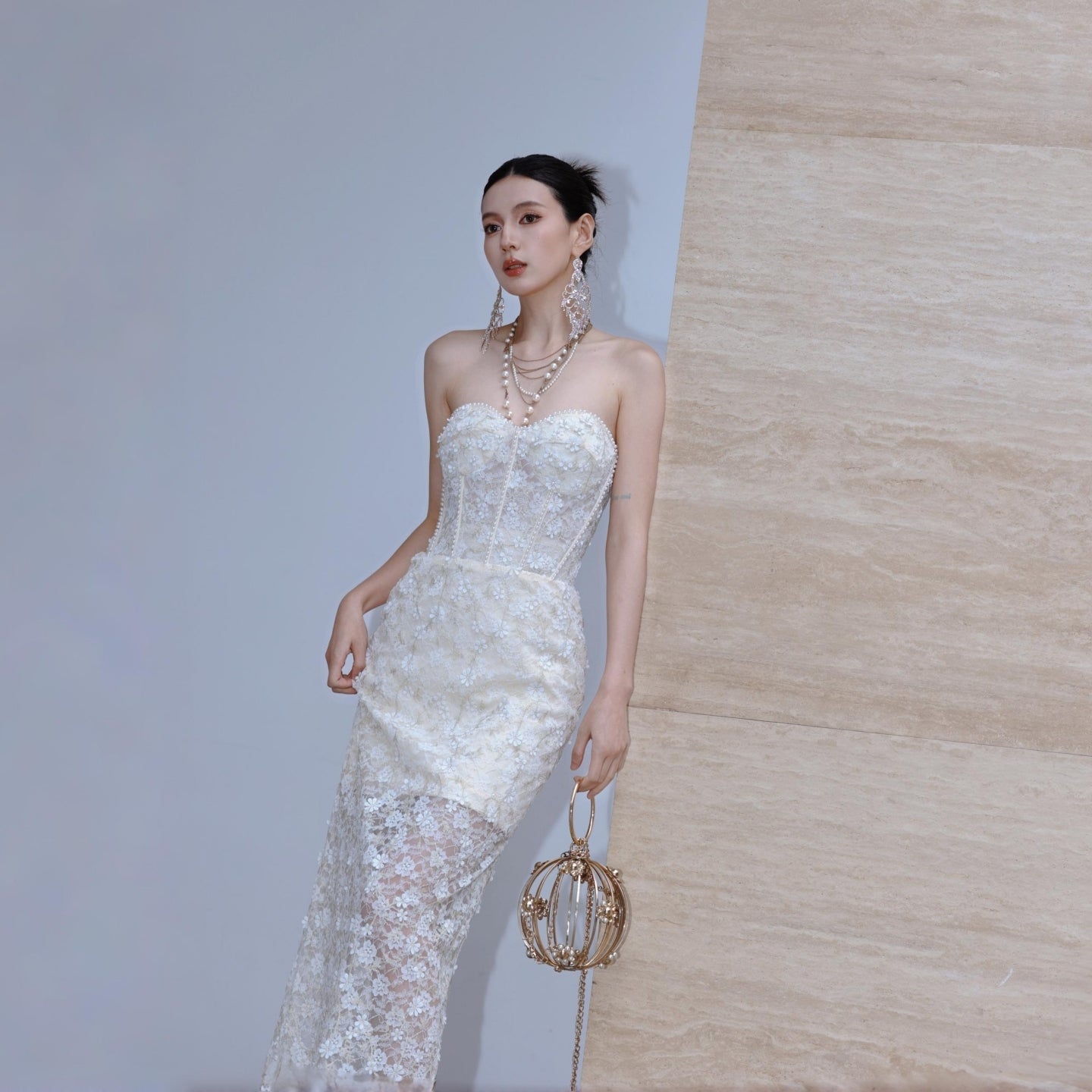 Heavily Beaded and Embroidered Strapless Lace Dress Y115